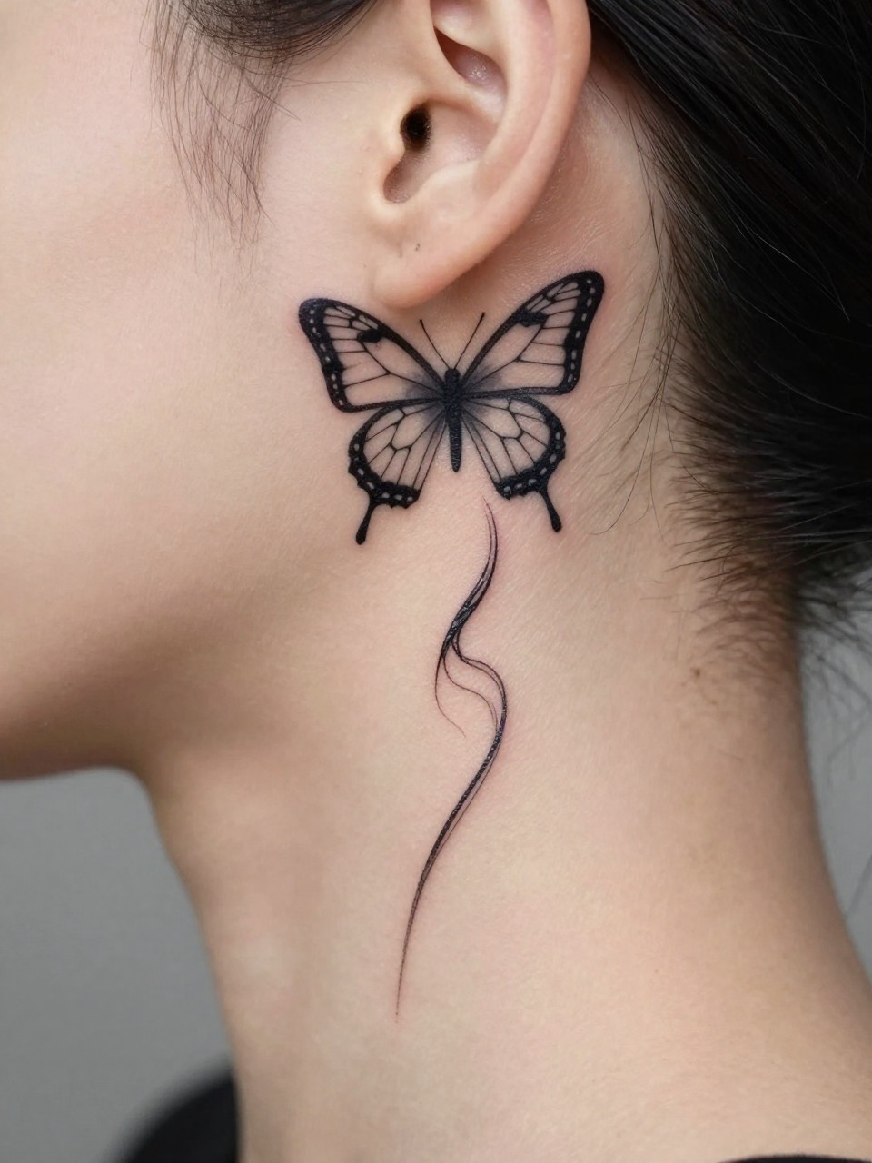  "Macro shot of the side of the neck: a geometric butterfly tattoo behind the ear, dissolving into a trail of sharp, fine lines flowing down the neck. Shot from behind, highlighting the dramatic flow."