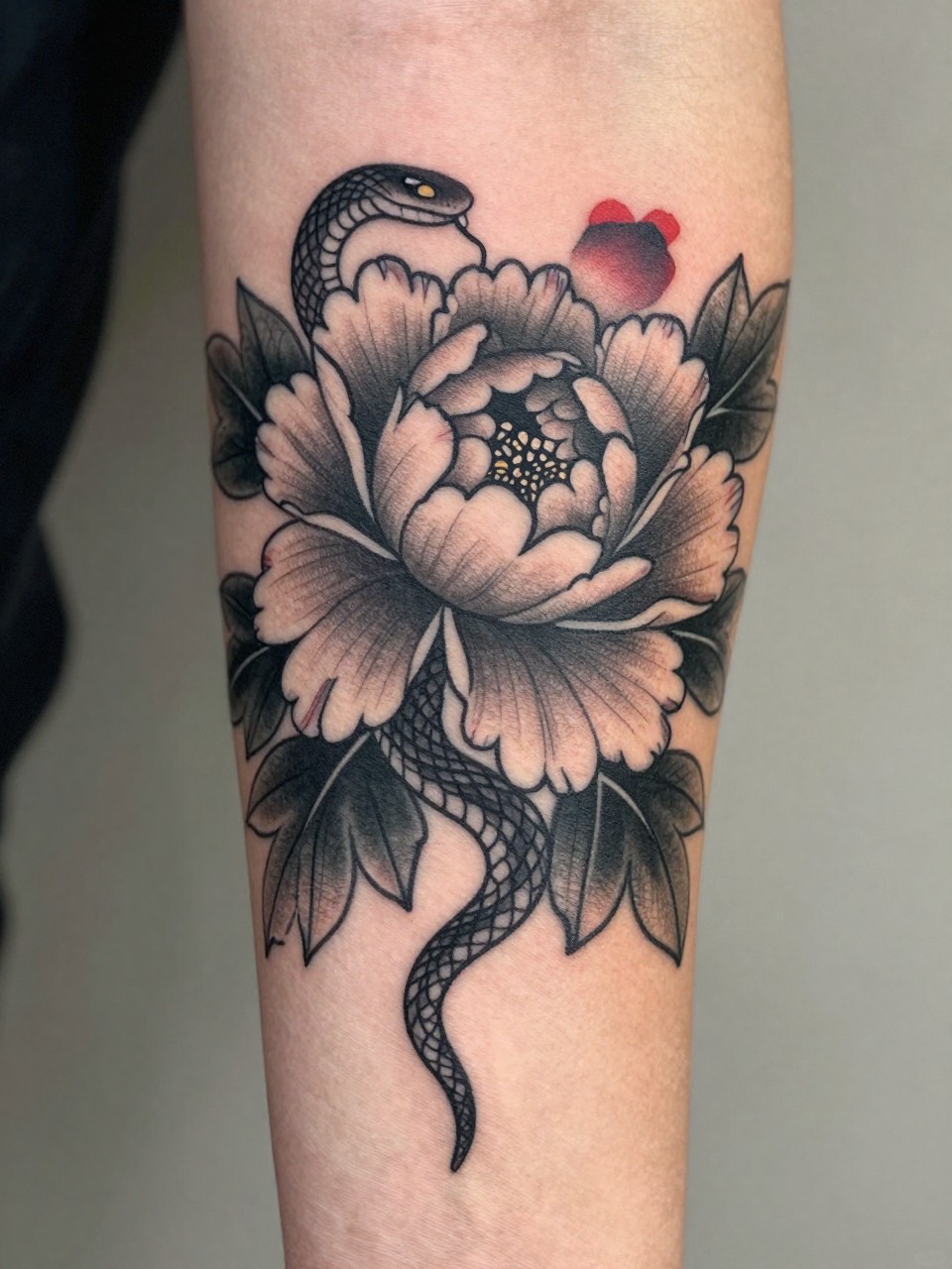 close-up of a Japanese peony and snake tattoo on the forearm, blooming peony with a slim snake weaving through it, black and grey ink, subtle red petal accents, bold traditional linework, realistic skin texture, design-focused close-up, blurred neutral background, modern tattoo photography (no watermarks on images)