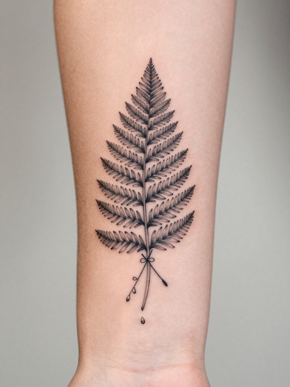 "macro shot of a crossed fern and crystal boho flash tattoo on women's forearm, black ink, fine line fern leaf and crystal point, clean earthy boho style, realistic skin texture, ring visible, tight crop, design-first tattoo image, soft neutral background, tattoo inspiration image (no watermarks on images)"