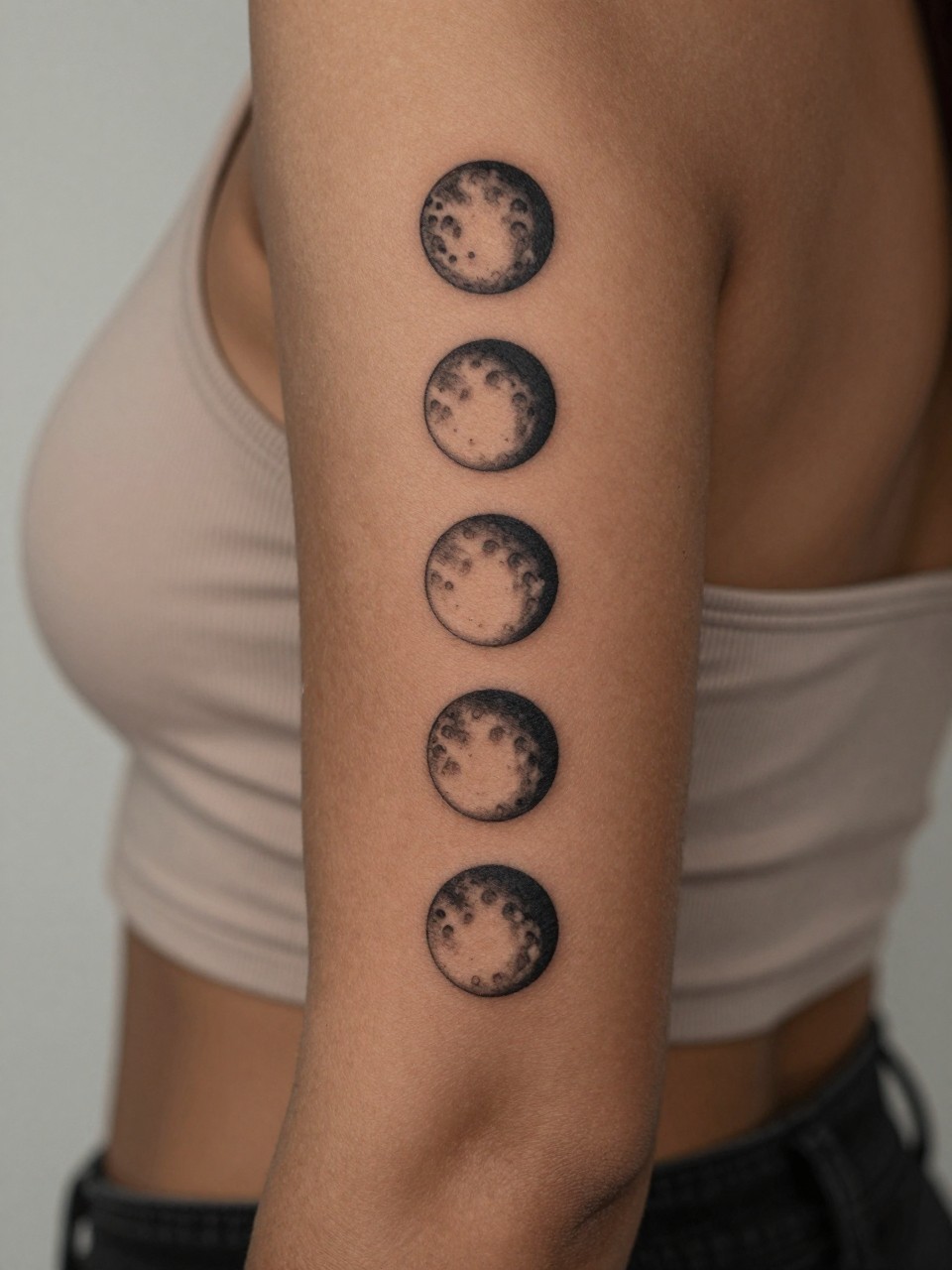 macro shot of a moon phase spine tattoo on rich brown skin, black ink lunar phases aligned vertically down the spine, crisp fine line detail, minimalist celestial style, realistic skin texture, open-back blouse visible, tight crop, design-first composition, soft neutral background, tattoo inspiration image (no watermarks on images)