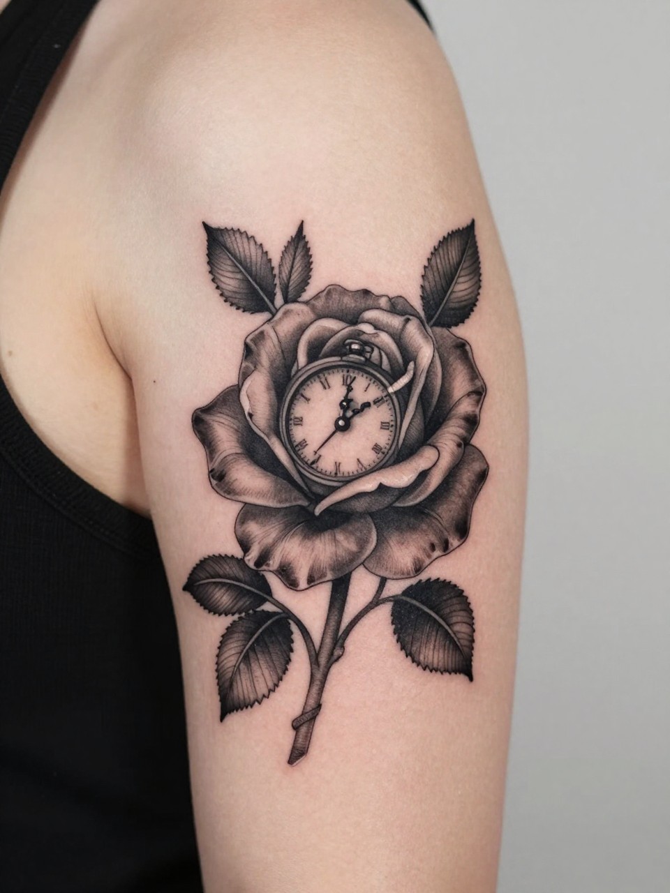 "design-focused close-up of a black rose and vintage clock tattoo on the upper arm, rich black ink bloom, detailed small clock face, soft grey shading, clean linework, realistic skin texture, soft neutral background, modern emotional tattoo inspiration photo (no watermarks on images)"