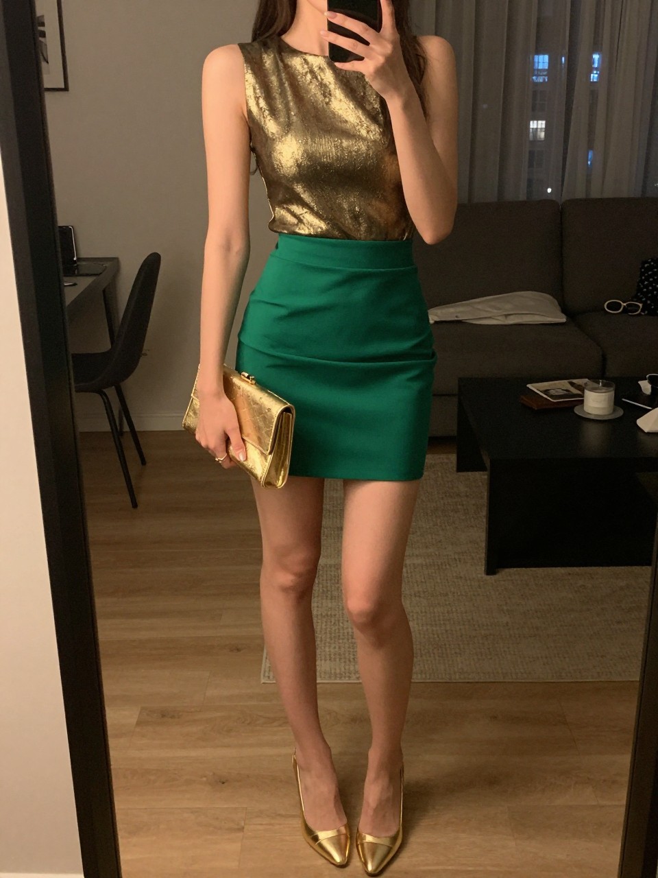 iPhone mirror selfie of a woman in a gold metallic top and emerald green mini skirt with gold metallic heels, holding a gold clutch, cropped at NECK so face doesn't show, in a city apartment, warm moody lighting, iPhone photo quality.