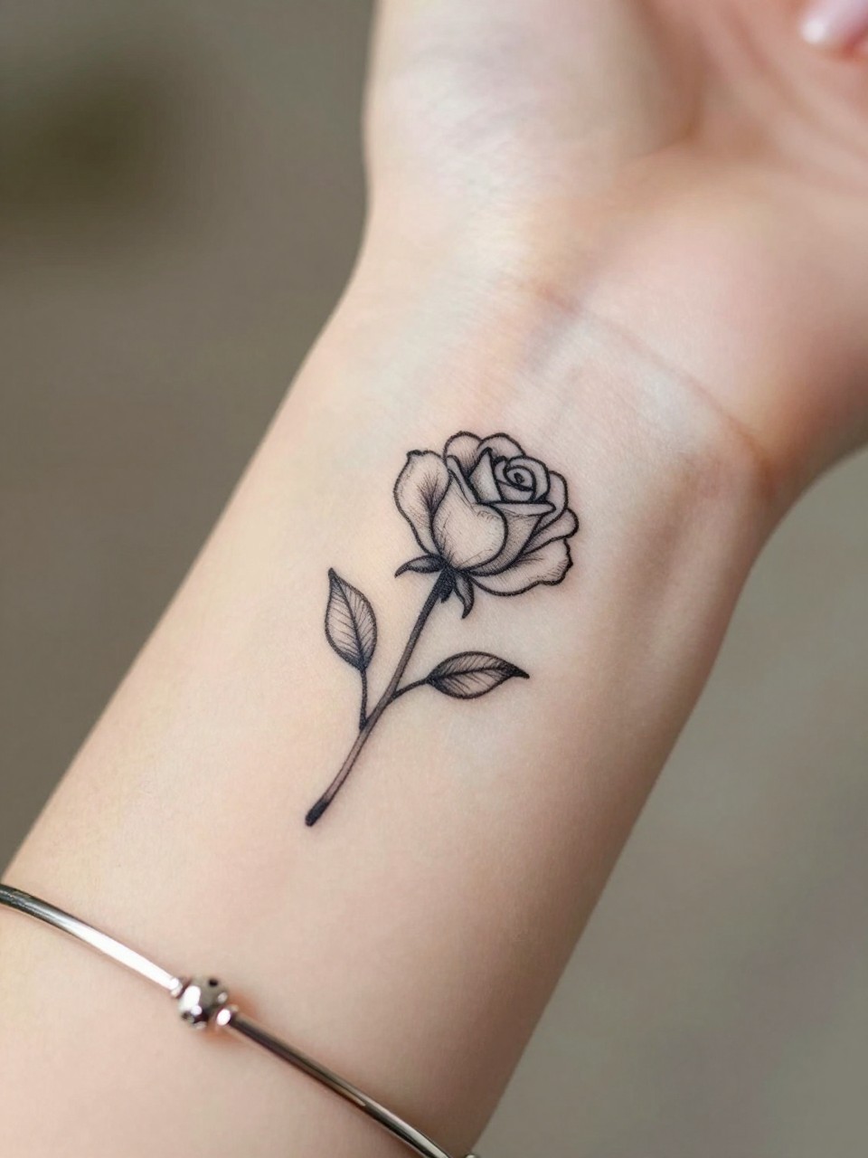 "close-up of a tiny black rose outline tattoo on the inner wrist, crisp black ink, fine line petals, minimalist floral shape, realistic skin texture, delicate bracelet nearby, design-focused close-up, soft blurred background, feminine modern tattoo photography (no watermarks on images)"
