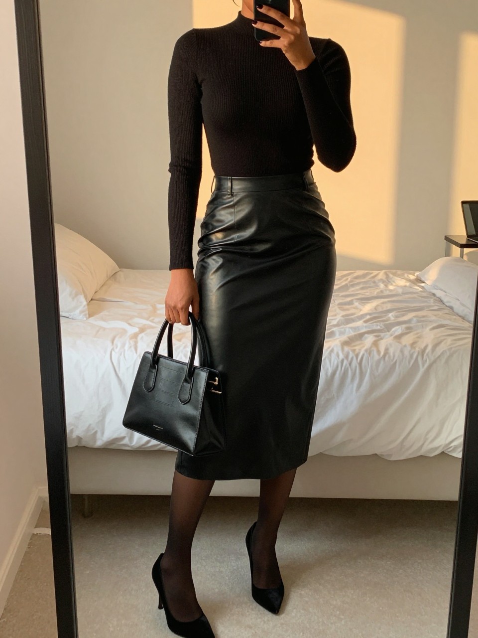 iPhone mirror selfie of a black woman in a black ribbed top and black leather midi skirt with velvet heels and sheer tights, holding a structured black handbag, cropped at NECK so face doesn't show, in a feminine-themed bedroom, evening golden hour, iPhone photo quality.
