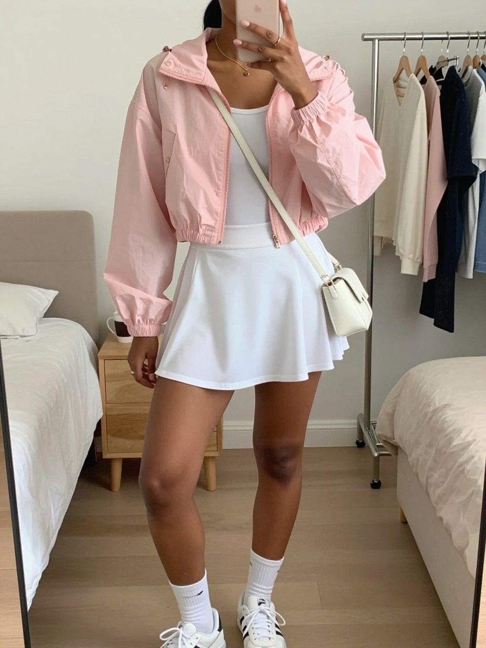 mirror selfie of a black woman wearing a soft pink windbreaker with a cropped sporty cut, a white sleeveless tennis dress, white crew socks with white sneakers, a mini white crossbody bag, and a loose ponytail, holding a phone in front of a mirror, cropped at NECK so the face does not show, with a relaxed casual selfie pose, in a feminine-themed bedroom, soft indoor lighting, including a coffee mug on a bedside table and a clothing rack with garments behind, latest iPhone photo quality. (no watermarks on images)