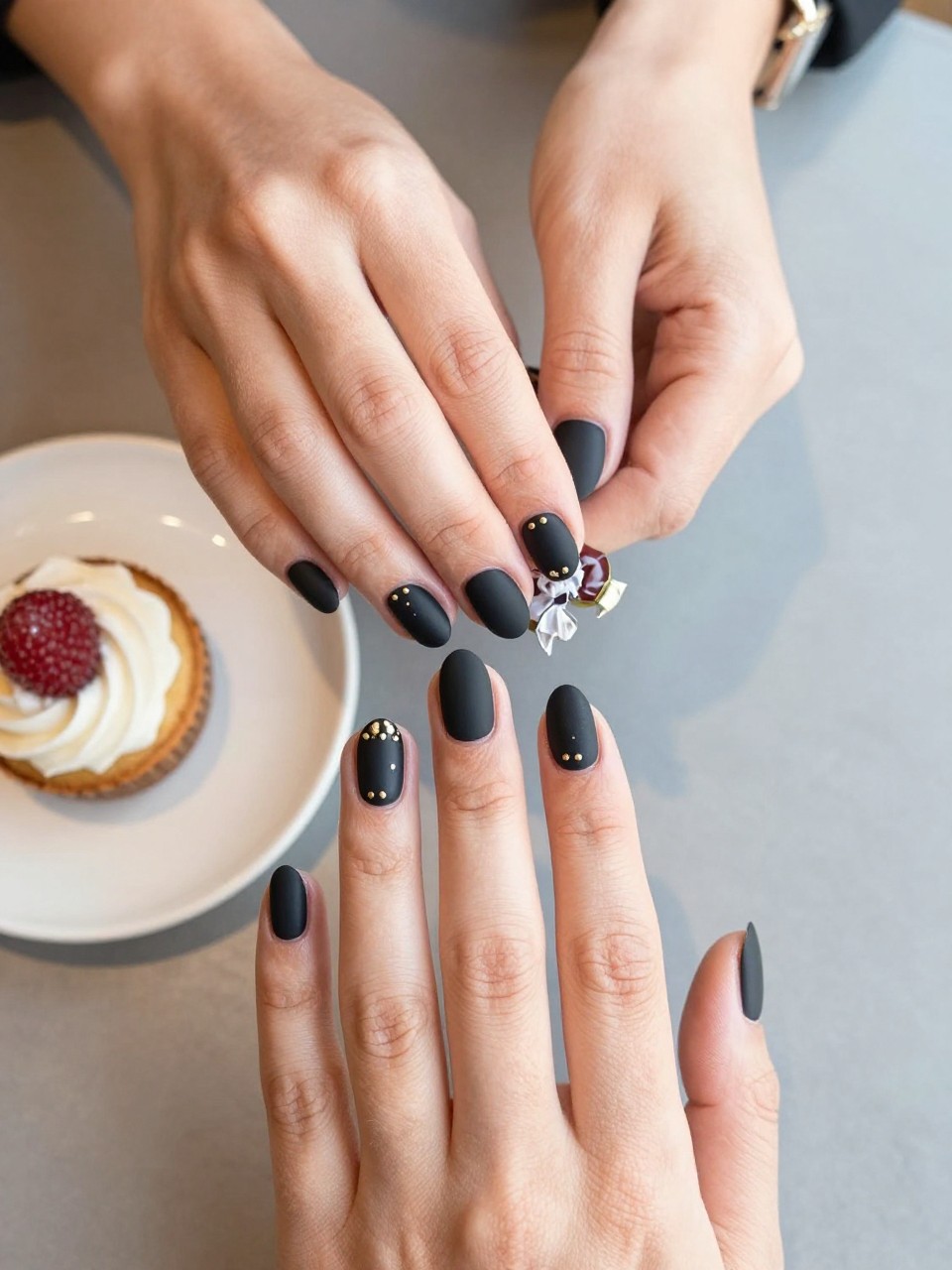 90-degree overhead top-down view of two feminine black hands with oval medium nails.
The manicure features a matte black base with tiny gold studs placed on two accent nails.
Include contrast between matte polish and metallic accents.

Hands are posed lightly holding a small wrapped candy.

Scene set on a café table with a small dessert plate nearby.

Bright natural daylight with soft shadows, hyper-realistic lifestyle photography, sharp focus on nails, natural skin texture, realistic hands, no extra fingers.