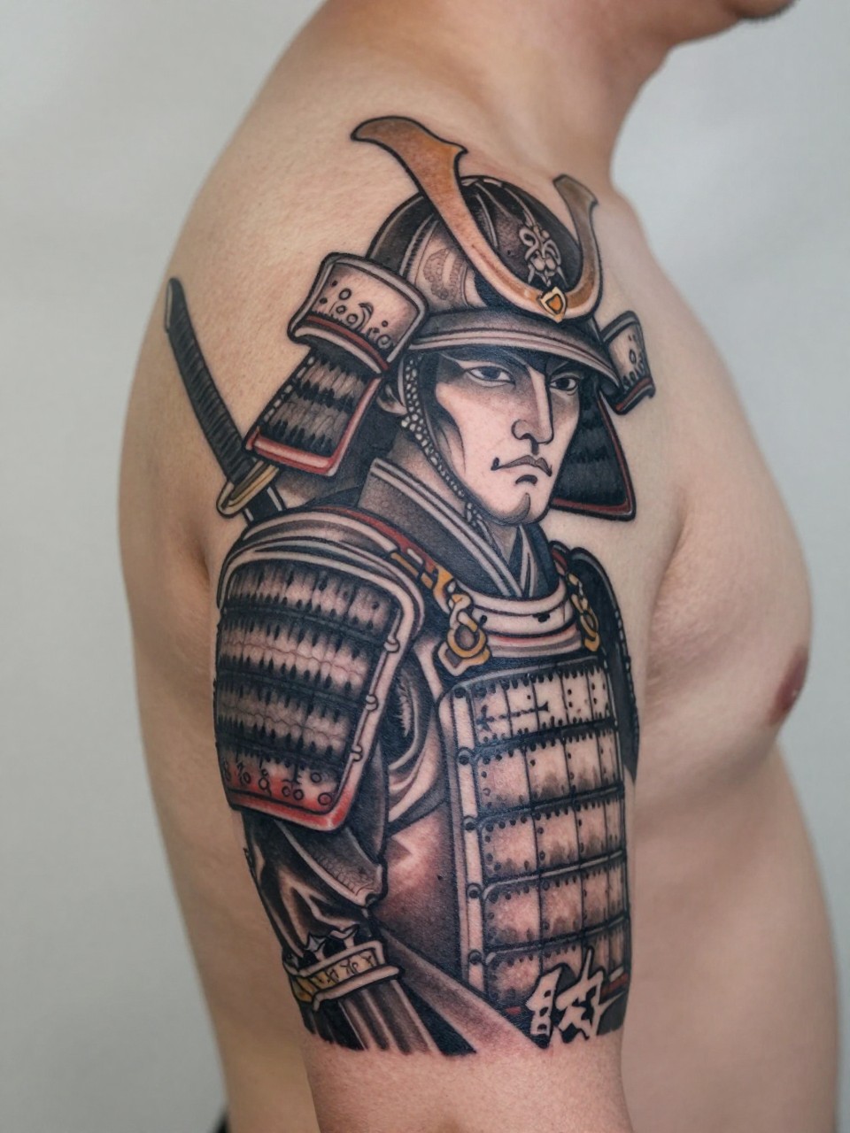 "macro shot of a full back Japanese samurai warrior tattoo on a man, detailed armor, helmet crest, sword accents, black and grey ink, bold traditional linework, smooth shading, realistic skin texture, design-first full back composition, soft neutral background (no watermarks on images)"