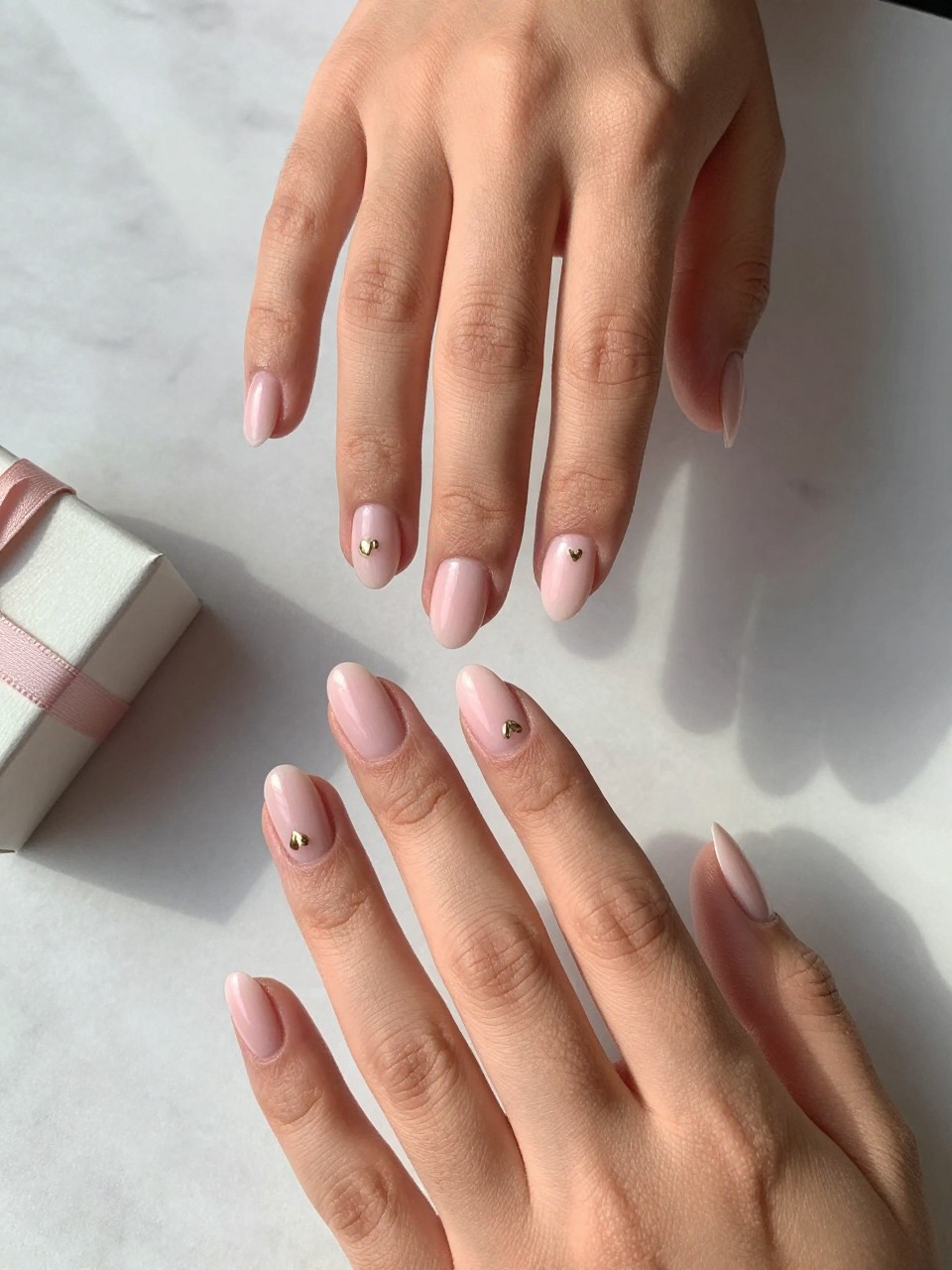 90-degree overhead top-down view of two feminine black hands with almond medium nails.
The manicure features a milky pink base with tiny metallic gold heart accents on two accent nails.
Include glossy gel finish.

Hands are posed fingers gently spread.

Scene set on a marble surface with a small gift box nearby.

Bright natural daylight with soft shadows, hyper-realistic lifestyle photography, sharp focus on nails, natural skin texture, realistic hands, no extra fingers.