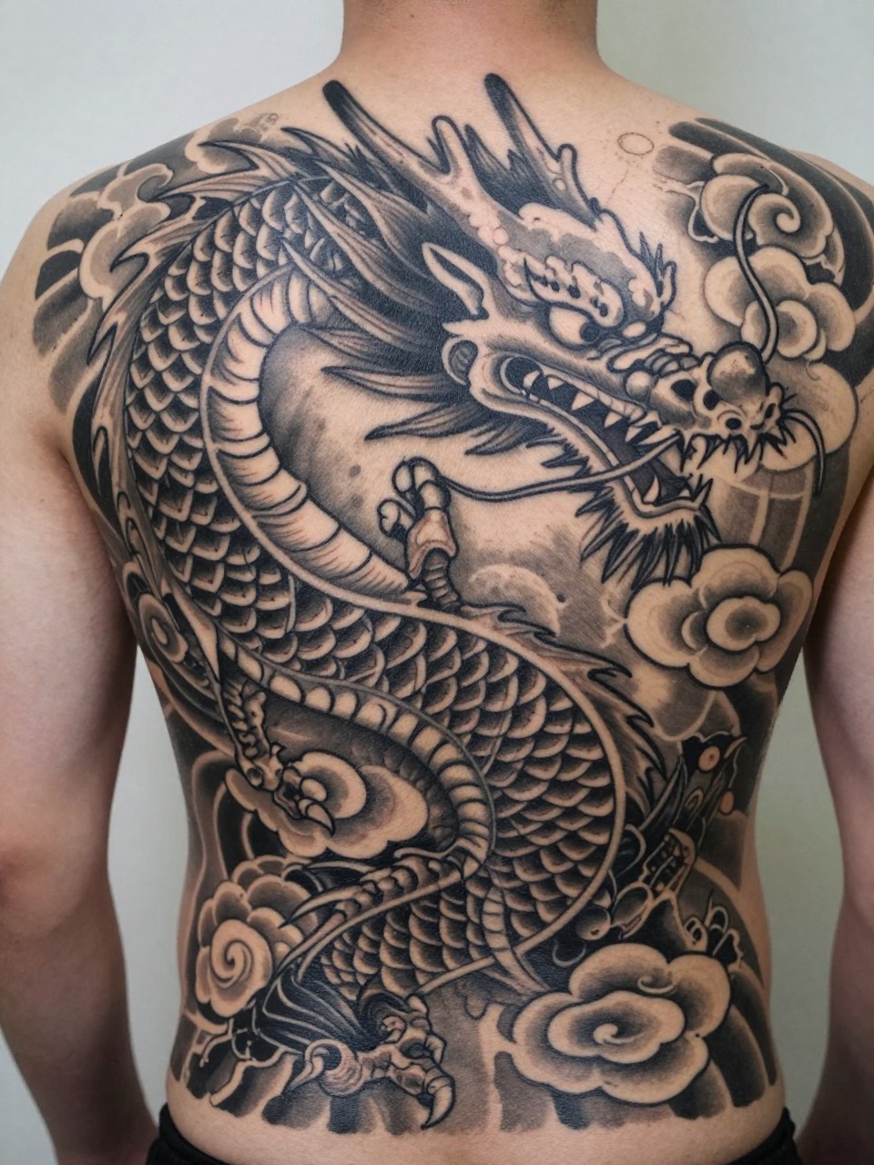 extreme close-up of a full back Japanese dragon tattoo on a man, large dragon body flowing across the entire back, detailed scales, whiskers, sharp claws, cloud filler, black and grey ink, bold traditional Japanese linework, smooth shading, realistic skin texture, design-focused tattoo inspiration photography, soft neutral background (no watermarks on images)