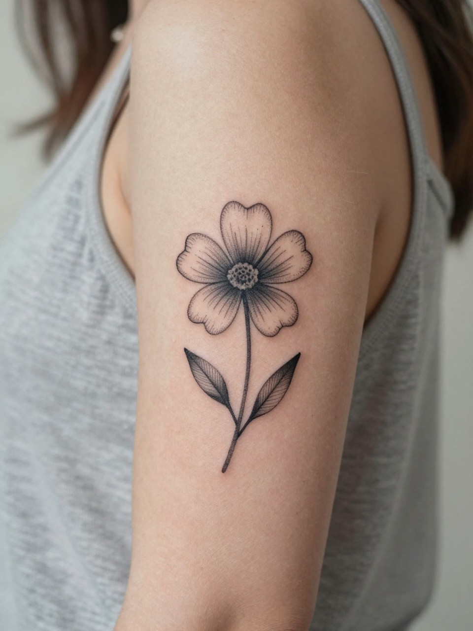 close-up of a hand-poked style flower tattoo on women's upper arm, black ink, simple petals with soft dotwork accents, clean earthy boho hippie design, realistic skin texture, sleeveless top visible, design-focused close-up, blurred neutral background, modern tattoo photography (no watermarks on images)