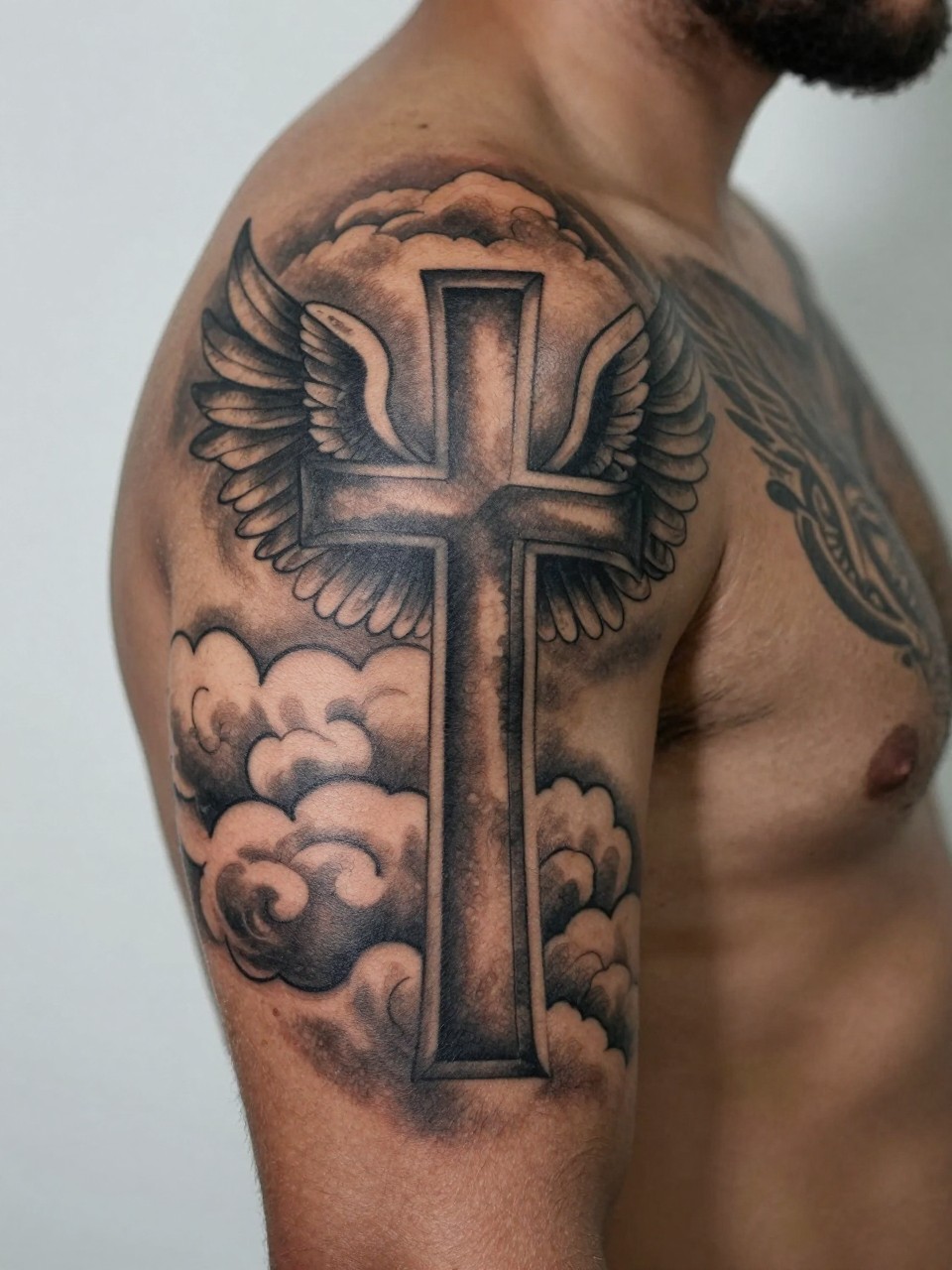 extreme close-up of a religious full sleeve tattoo on dark skin, large cross, dove wings, cloud filler, black and grey ink, soft shading, detailed masculine composition, realistic skin texture, design-focused close-up, fresh beard line visible, soft minimal background, modern tattoo inspiration photography (no watermarks on images)