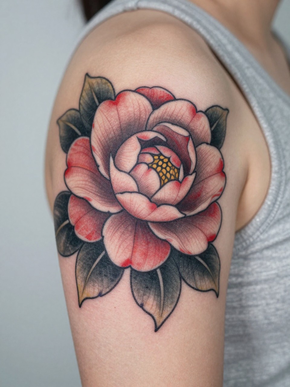 extreme close-up of a Japanese camellia tattoo on the upper arm, smooth layered petals, black and grey ink with soft red accents, fine traditional linework, realistic skin texture, sleeveless top visible, soft minimal background, design-focused tattoo inspiration photography (no watermarks on images)