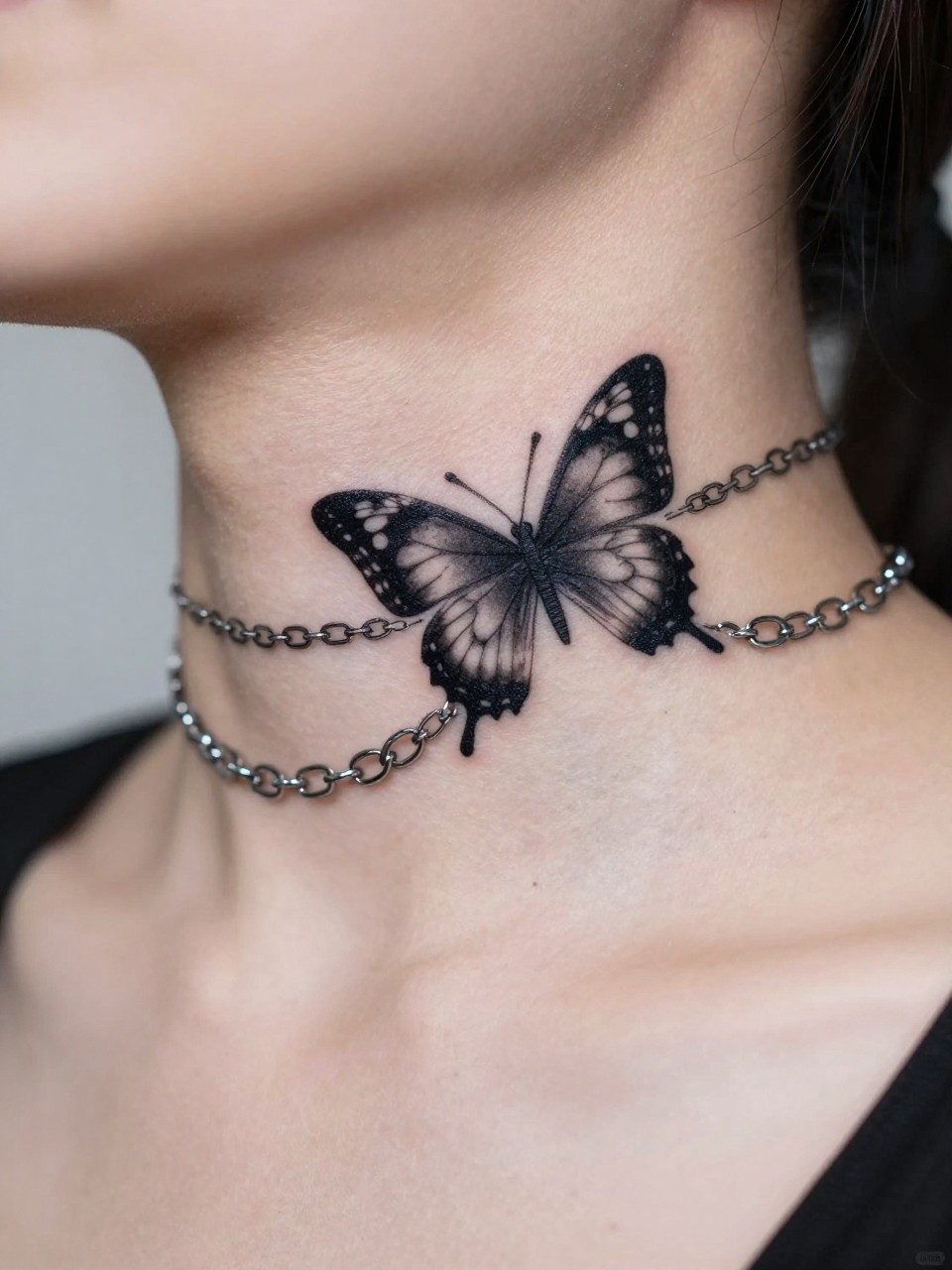  "Angled close-up of the front/side neck: a thick, decorative chain tattoo with a solid black butterfly tattoo as its centerpiece. The skin is clean, making the black ink look stark and metallic."