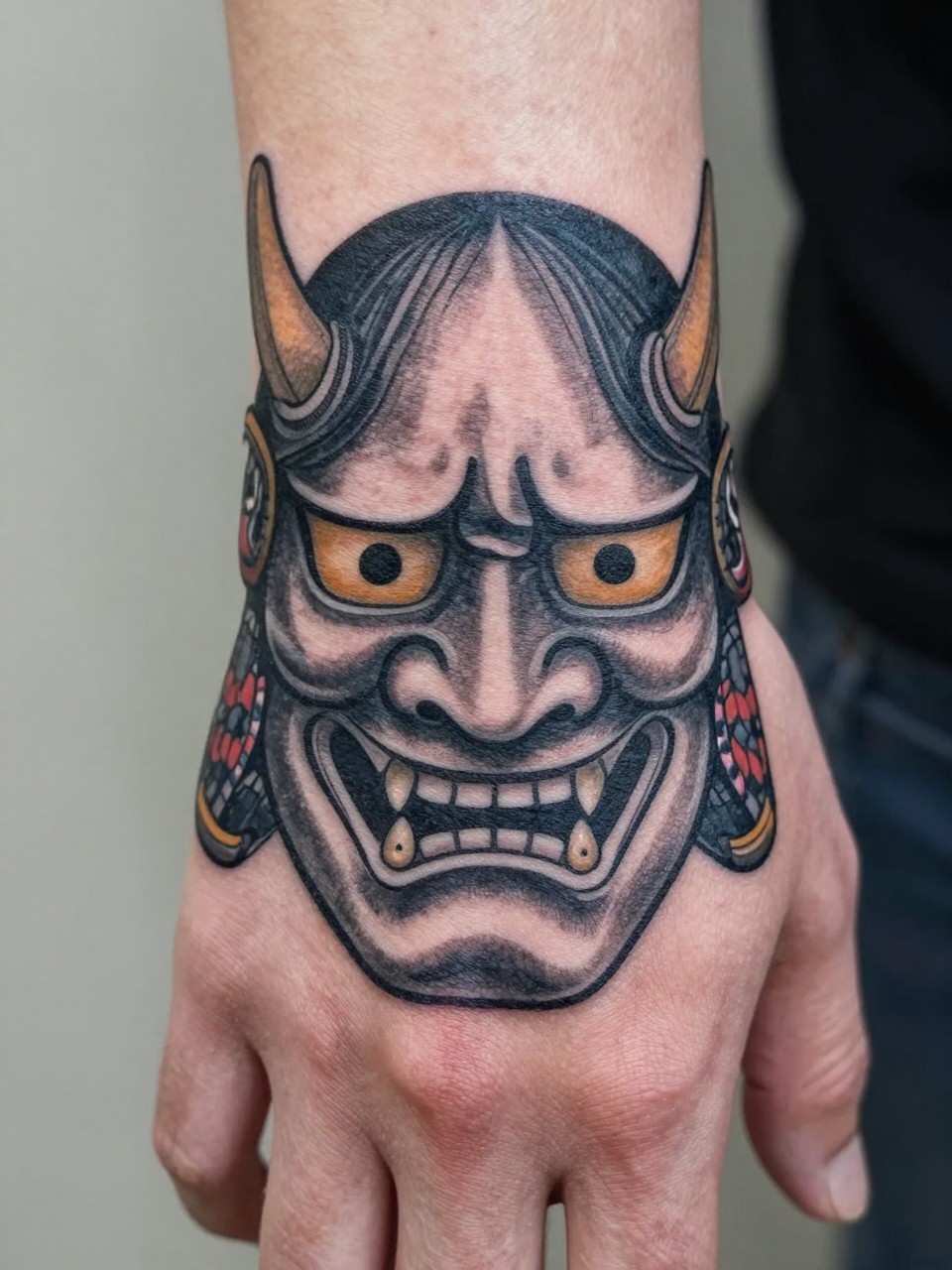 close-up of a traditional Japanese samurai mask tattoo on the back of the hand, detailed armor mask features, black and grey ink, strong linework, smooth shading, realistic skin texture, design-focused close-up, blurred neutral background, modern tattoo photography (no watermarks on images)