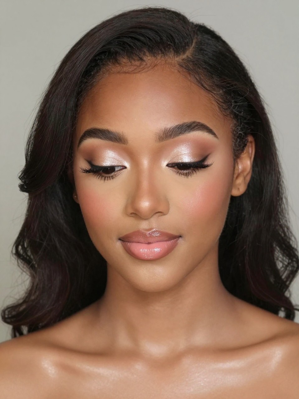 Super realistic close-up beauty portrait of a teen black woman wearing classy soft glam prom makeup, featuring pearl shimmer eyeshadow over beige lids, soft taupe crease blending, bright pearl inner-corner glow, clean lifted lashes, beige-rose blush, milky nude pink glossy lips, refined brows, realistic skin texture with a soft luminous finish, shot from a front-facing beauty portrait, with gentle elegant lighting that clearly reveals the pearl glow, cheek highlights, and glossy lips, smooth soft waves, blurred sophisticated neutral ballroom background, feminine modern beauty photography, latest iPhone photo quality.