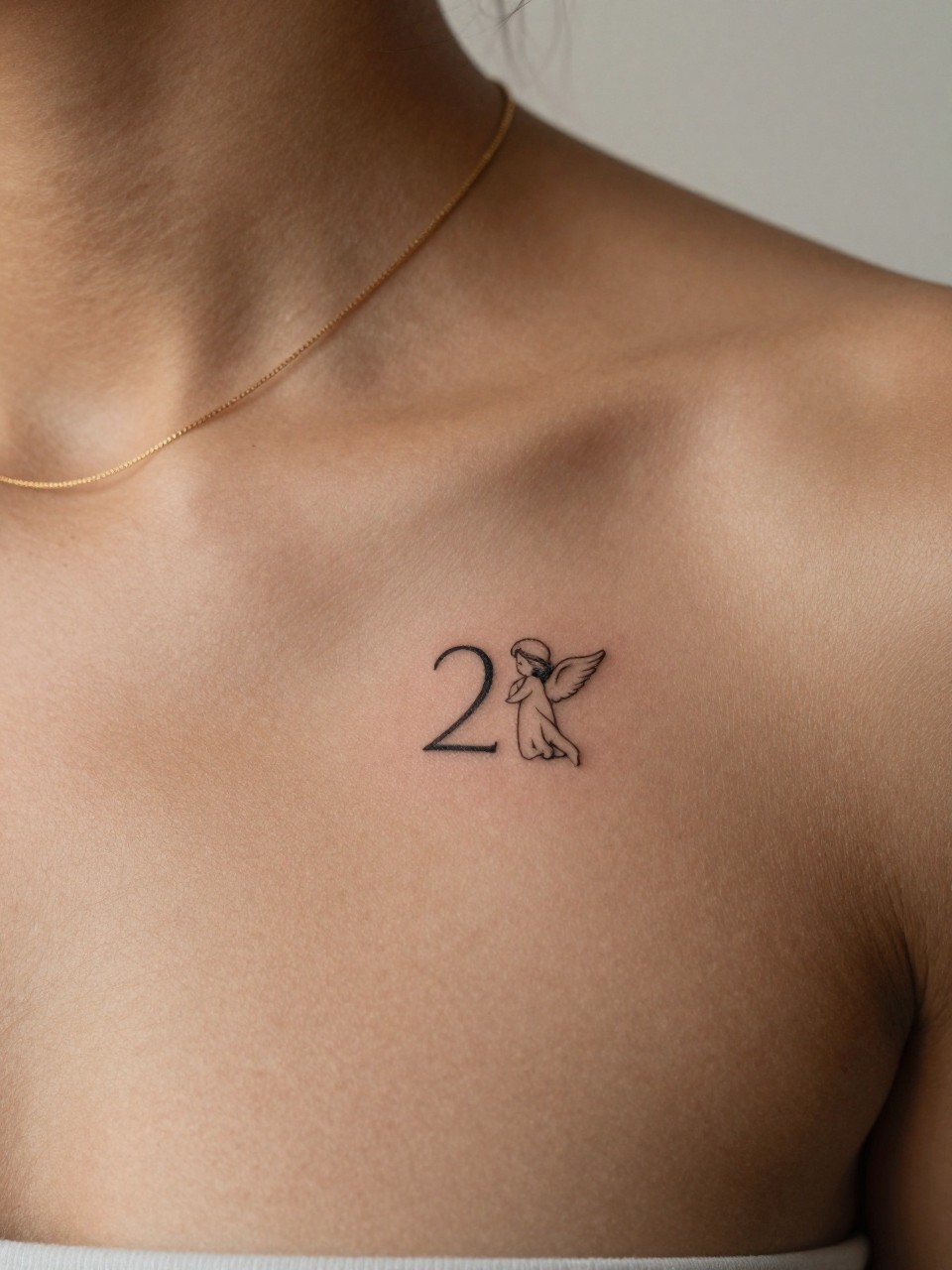 "design-focused close-up of a tiny angel number tattoo on dark skin at the collarbone, clean black ink numbers, fine line minimalist style, realistic skin texture, soft gold necklace, tight crop, blurred neutral background, feminine modern tattoo inspiration photography (no watermarks on images)"