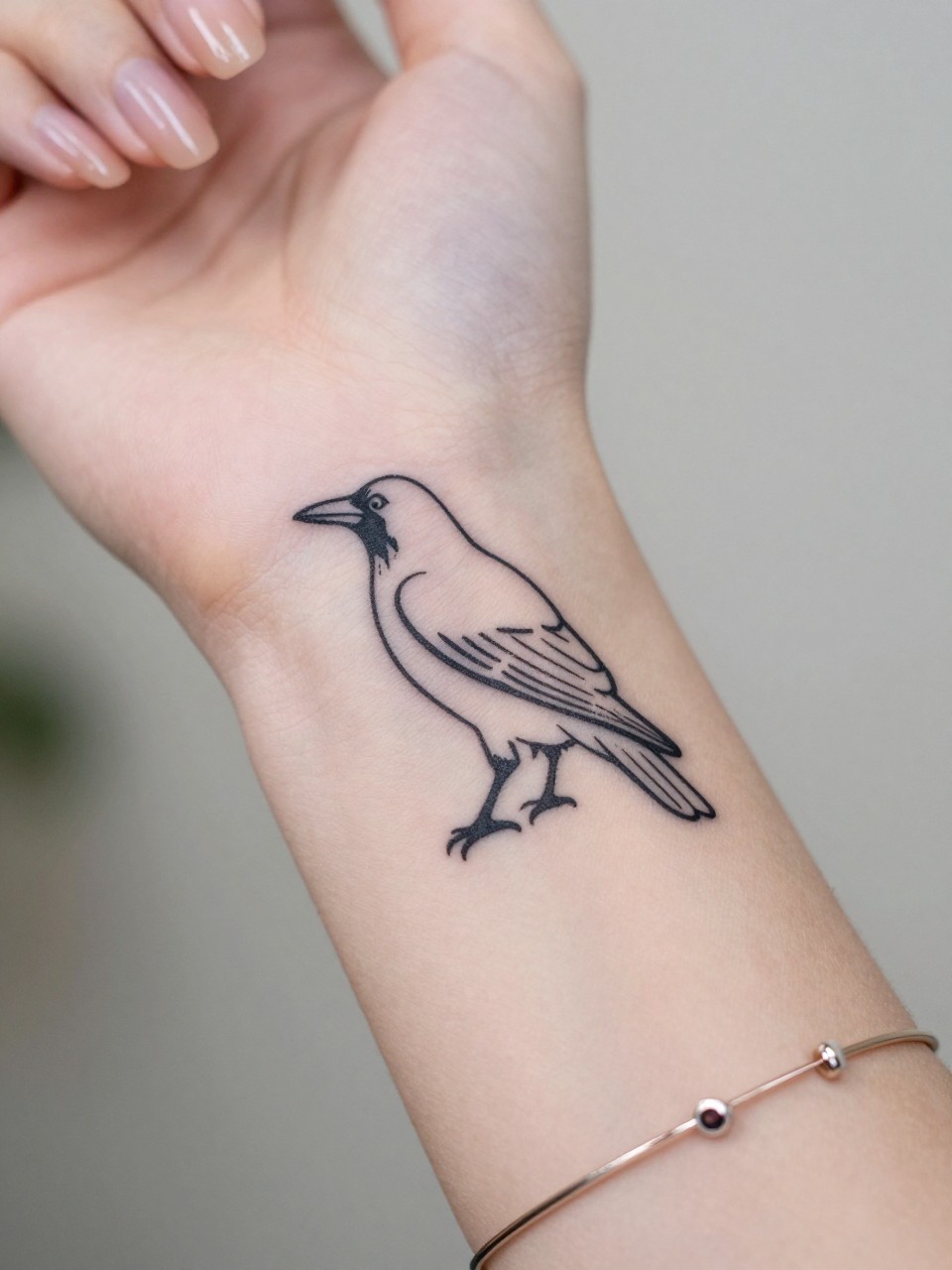  "design-focused close-up of a minimal black crow outline tattoo on the inner wrist, fine line black ink, clean simple silhouette, tiny subtle detail, realistic skin texture, delicate bracelet and neutral manicure, soft blurred background, feminine tattoo inspiration photography (no watermarks on images)"