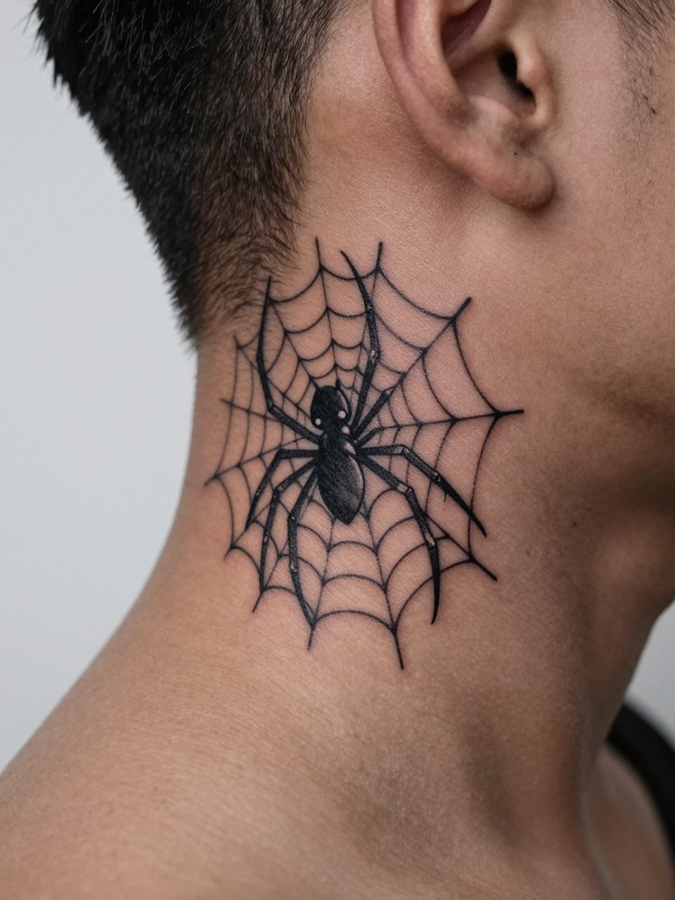 "extreme close-up of a spider web tattoo on dark skin at the side neck, black ink, crisp linework, clean geometric web shape, masculine edgy style, realistic skin texture, haircut line visible, minimal soft background, design-focused tattoo inspiration photography (no watermarks on images)"