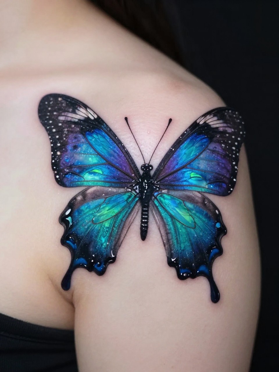 "Macro shot of a shoulder blade: a butterfly wing tattoo with a hyper-realistic oil-slick effect, capturing blues, purples, and greens on a black base. Iridescent and unsettling."