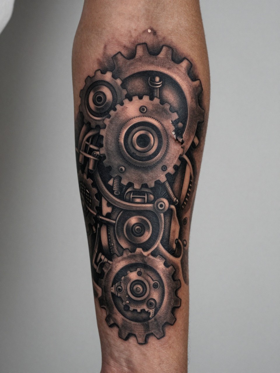 macro shot of a mechanical biomech full sleeve tattoo on deep brown skin, gear details, torn skin effect, metal textures, black and grey ink, strong contrast, realistic skin texture, tight crop, design-first tattoo image, minimal neutral background, modern masculine tattoo inspiration image (no watermarks on images)