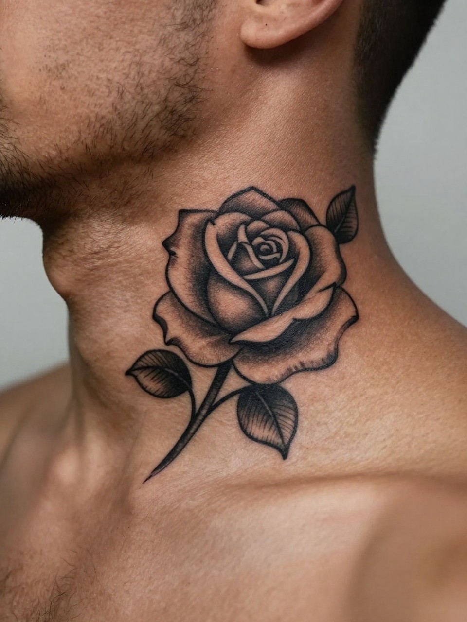 "close-up of a rose tattoo on deep brown skin at the side of the neck, black ink, layered petals, soft shading, clean bold linework, masculine modern style, realistic skin texture, trimmed beard line visible, design-focused close-up, neutral blurred background, modern tattoo photography (no watermarks on images)"