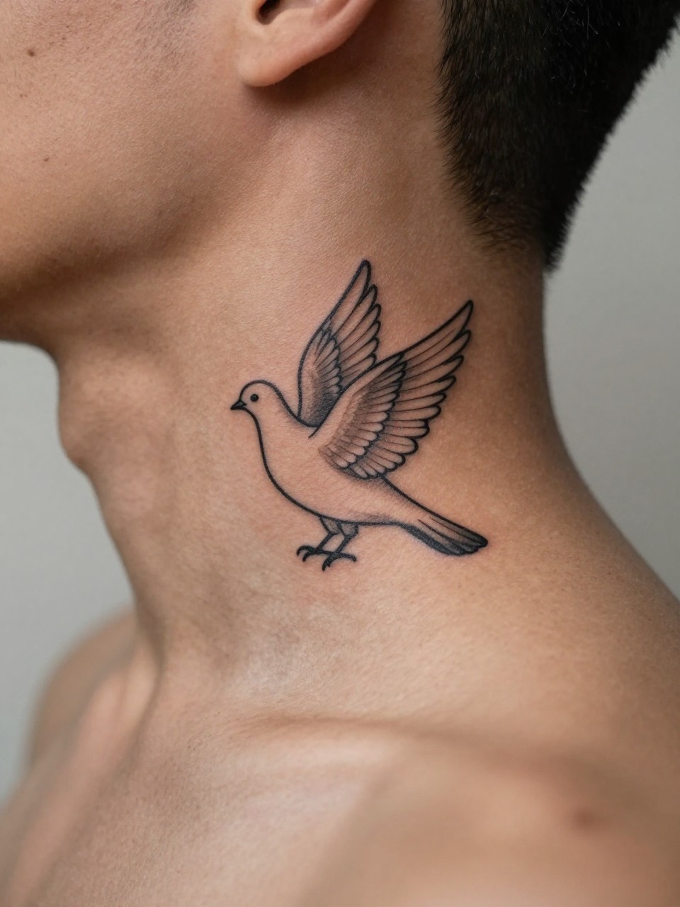 "close-up of a small dove tattoo on dark skin at the side neck, black ink, fine wing detail, clean outline, minimalist masculine design, realistic skin texture, short haircut visible, design-focused close-up, blurred neutral background, modern tattoo photography (no watermarks on images)"
