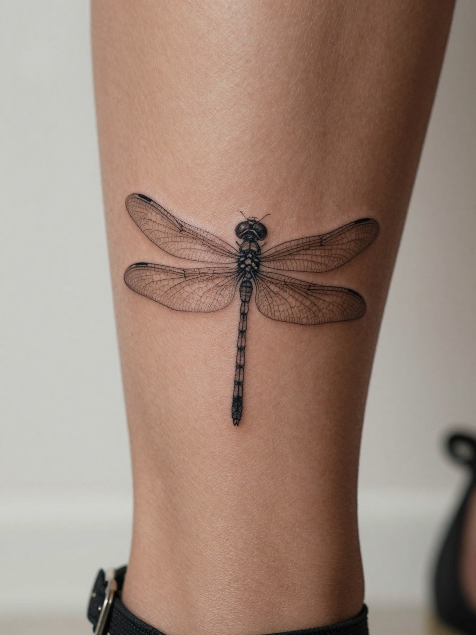 "macro shot of a fine line dragonfly tattoo on rich brown skin along the shin, black ink, delicate wings, slim body detail, clean elegant linework, realistic skin texture, heel strap nearby, tight crop, design-first composition, soft minimal background, feminine tattoo inspiration photo (no watermarks on images)"