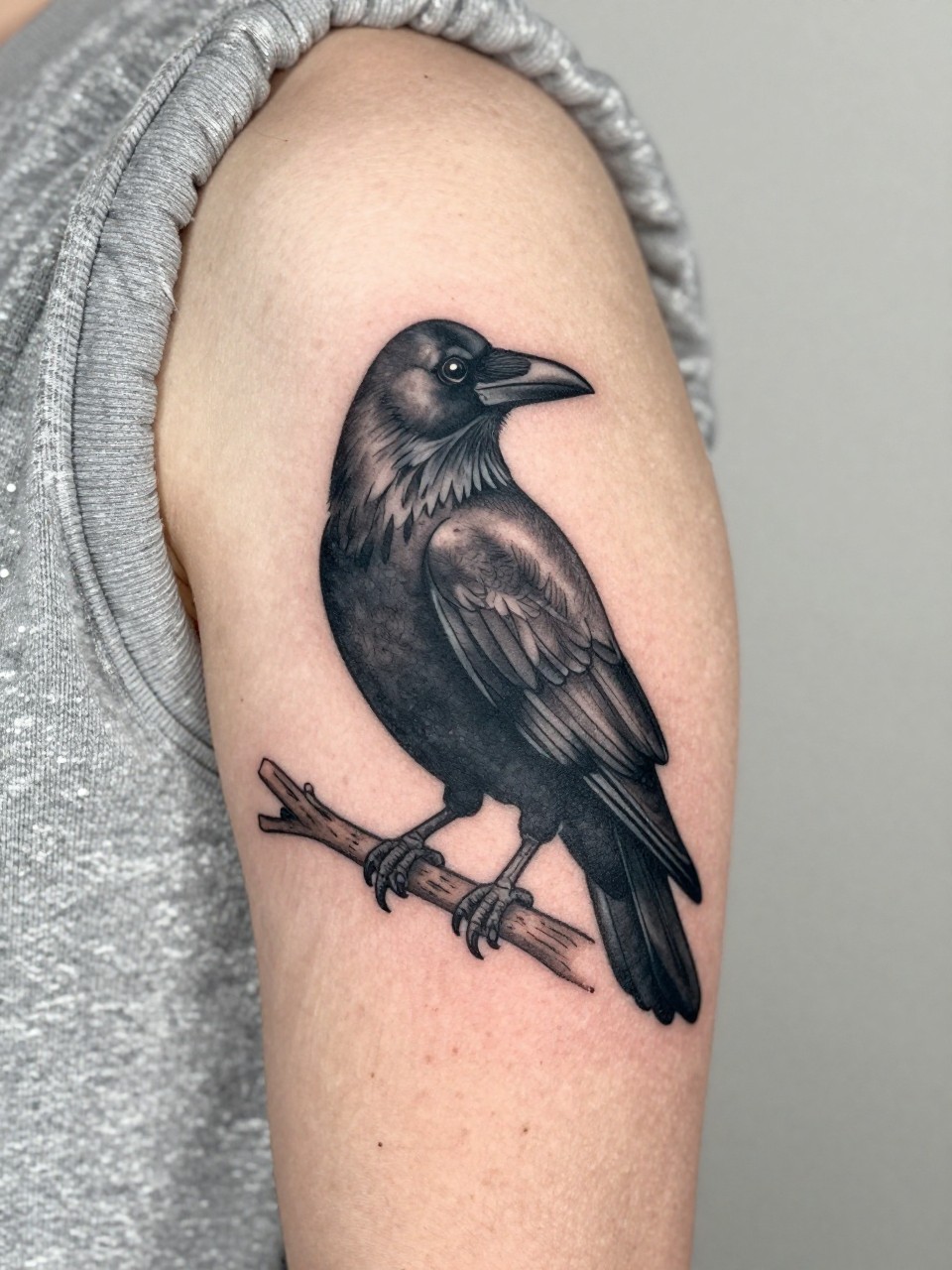 "close-up of a black crow tattoo perched on a branch on the upper arm, detailed feathers, deep black ink with soft shading, clean outline, tattoo design as the main subject, realistic skin texture, soft knit sleeve edge, minimal neutral background, feminine modern tattoo inspiration photo (no watermarks on images)"