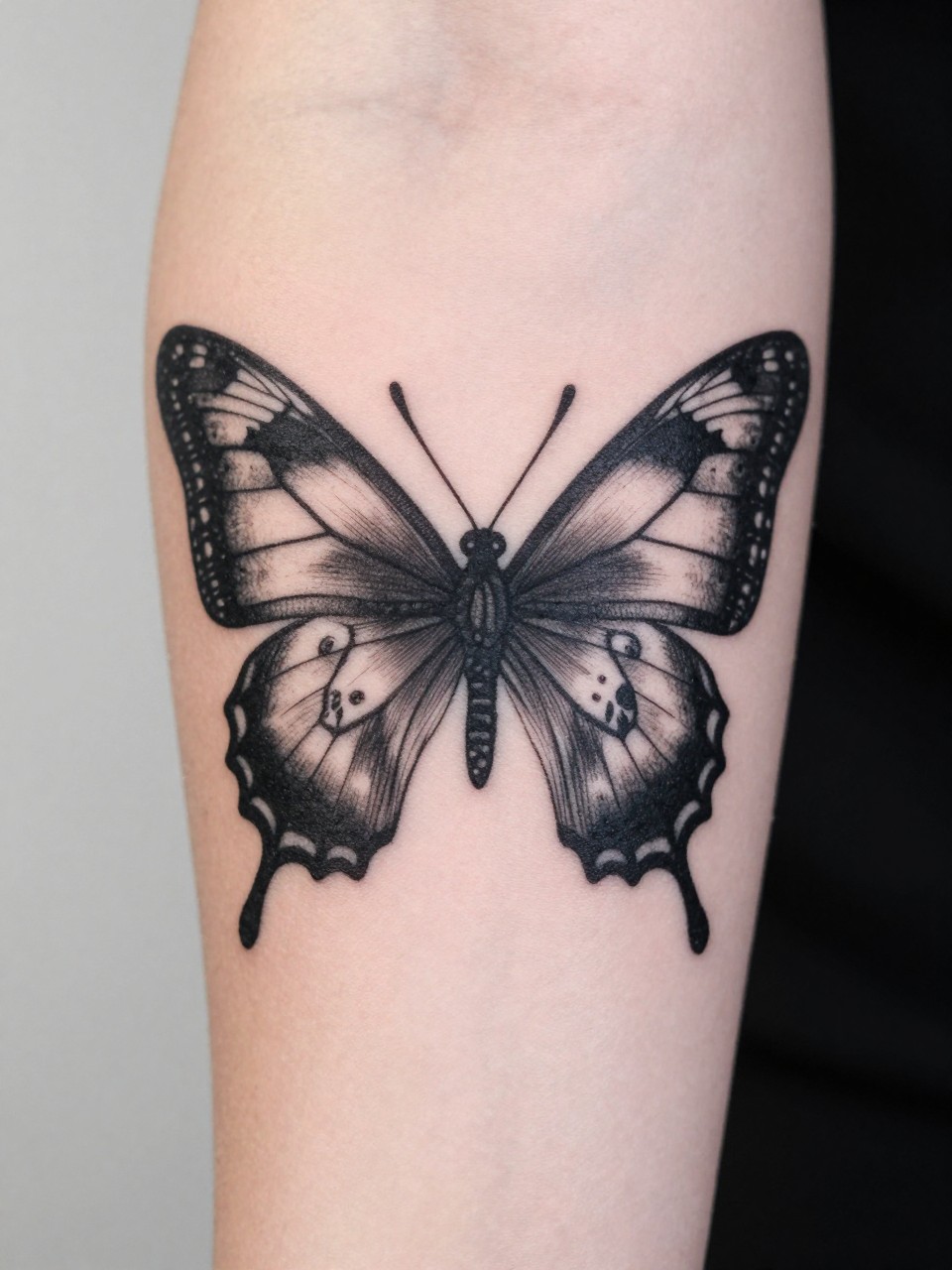"Close-up of a forearm tattoo: a blackwork butterfly, its wings composed of fine, interlocking lines that clearly depict a skull in the negative space. High-contrast, detailed, and stark."