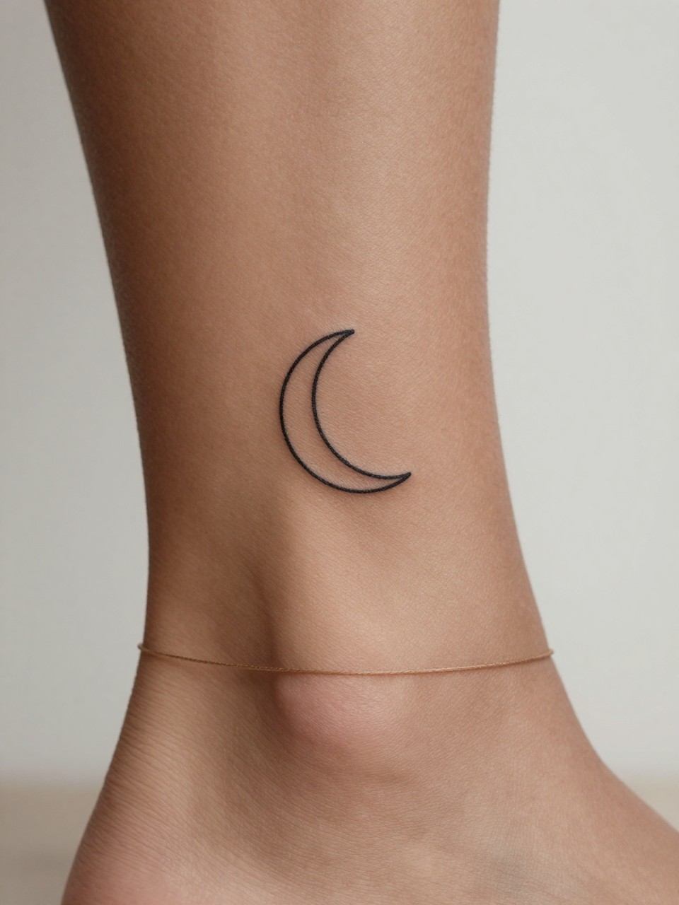 "close-up of a minimal crescent moon tattoo on dark skin at the ankle, clean black ink, tiny fine line design, simple minimalist style, realistic skin texture, delicate anklet, soft neutral background, design-focused modern feminine tattoo photography (no watermarks on images)"