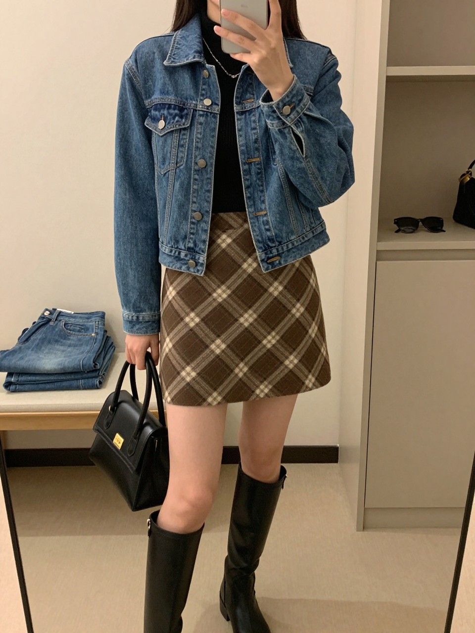mirror selfie of a woman wearing the exact outfit described above, clearly showing a medium wash fitted-shape denim jean jacket, black fine-knit mock-neck top, brown and cream plaid mini skirt, black knee-high boots, and a structured black mini top-handle bag, holding a phone in front of a mirror, cropped at NECK so the face does not show, with a relaxed casual selfie pose, in a feminine-themed bedroom, warm moody lighting, including folded denim jeans on a bench and sunglasses placed on a dresser, latest iPhone photo quality.