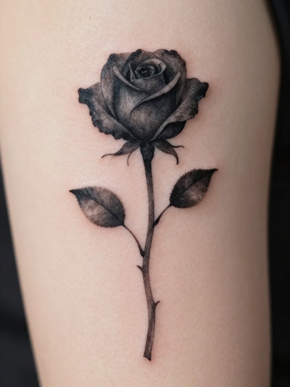 "extreme close-up of a single black rose stem tattoo on skin, deep black ink petals, long fine line stem, soft grey shading, elegant minimalist floral design, realistic skin texture, design-focused close-up, delicate ring visible, soft neutral background, modern tattoo inspiration photography (no watermarks on images)"