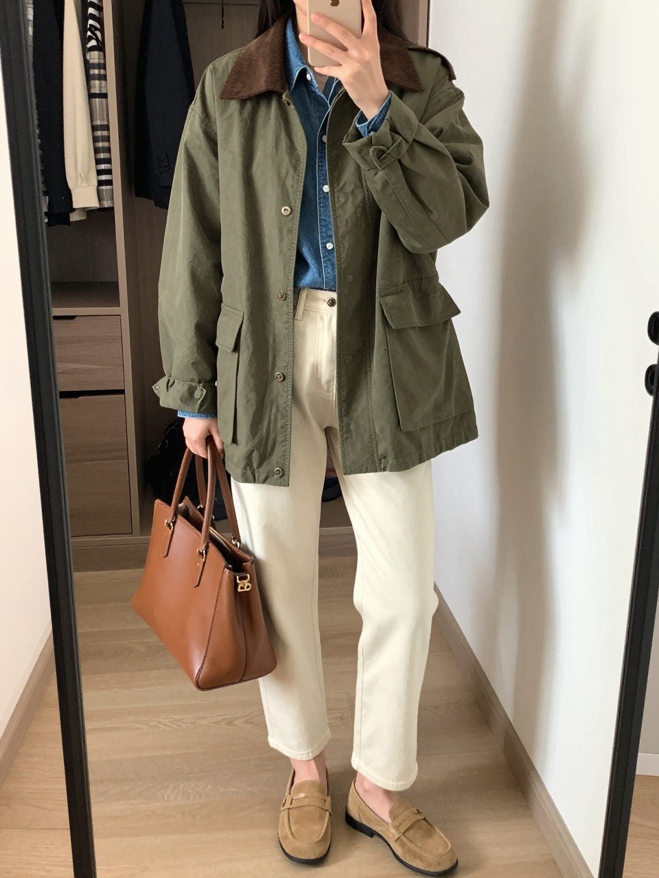 mirror selfie of a woman wearing the exact outfit described above, clearly showing an olive utility-style barn jacket with corduroy trim, medium-wash denim button-up shirt, cream straight-leg jeans, tan suede loafers, and a brown top-handle bag, holding a phone in front of a mirror, cropped at NECK so the face does not show, with a relaxed casual selfie pose, in a walk-in closet mirror, natural window light, including an open closet with clothes visible and handbag hanging on a door handle, latest iPhone photo quality.