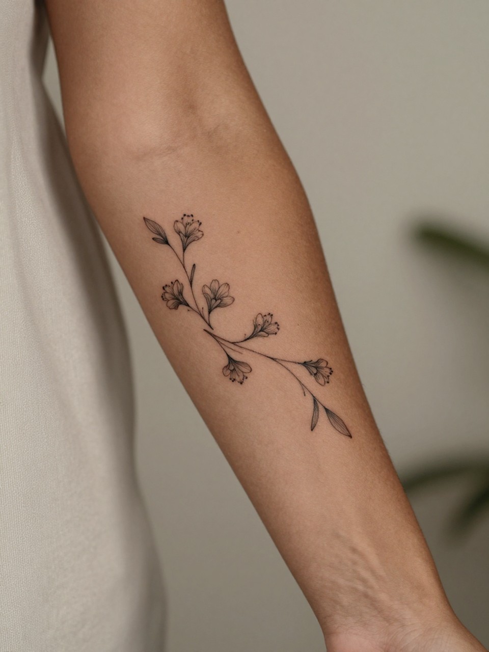 "design-focused close-up of matching floral sprig tattoos on rich brown skin, one on each forearm, fine line black ink leaves and tiny blooms, delicate minimalist style, realistic skin texture, soft fabric detail nearby, neutral blurred background, modern feminine tattoo inspiration photo (no watermarks on images)"