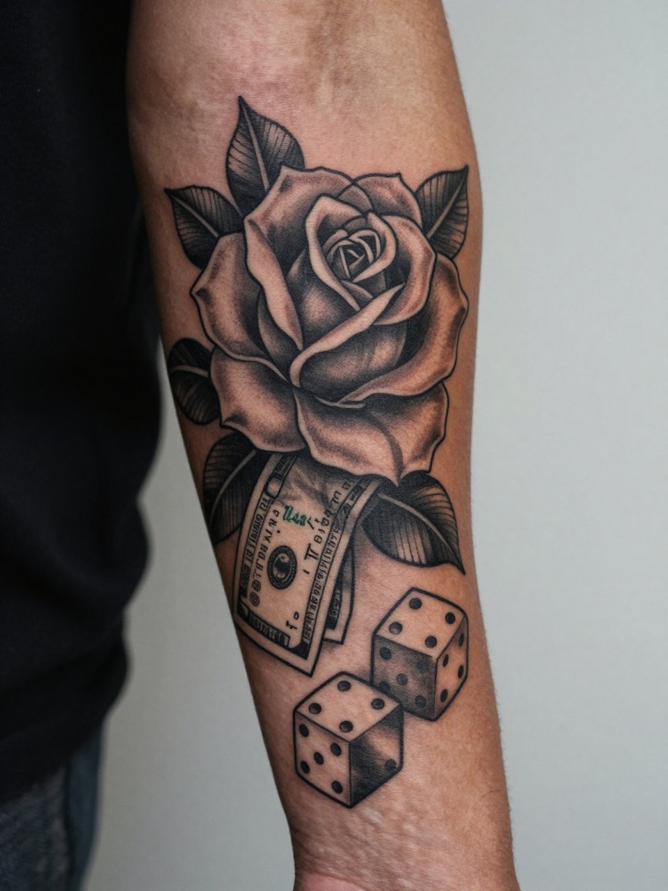 design-focused close-up of a money rose and dice full sleeve tattoo on dark skin, cash folded into rose shapes, dice details, black and grey shading, bold linework, realistic skin texture, tight crop, masculine modern tattoo styling, soft blurred background, inspiration photo (no watermarks on images)