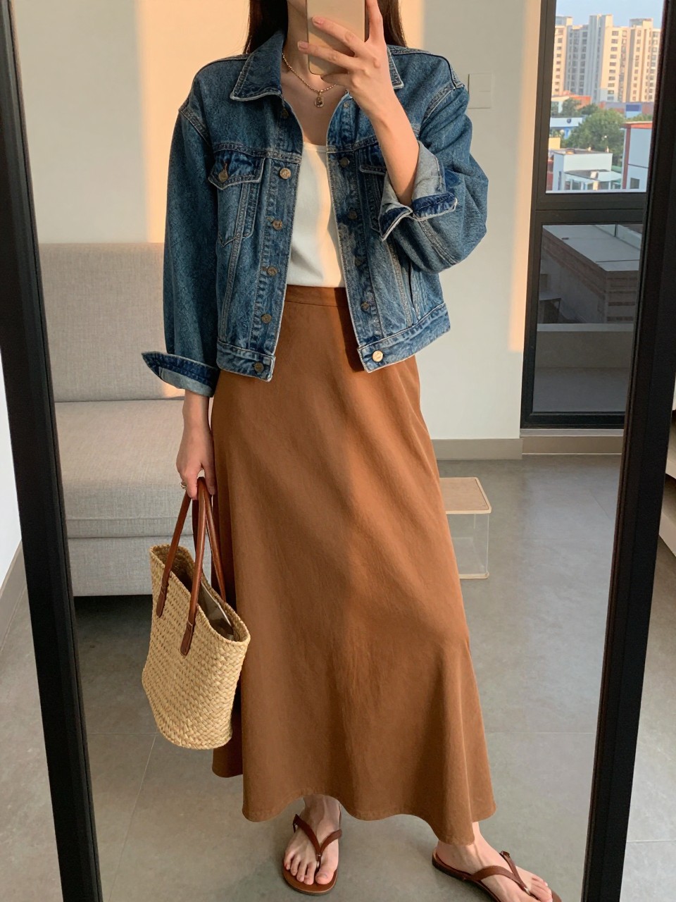 iPhone mirror selfie of a woman in a denim jacket over a white tank and caramel brown maxi skirt with flat sandals, holding a woven tote, cropped at NECK so face doesn't show, in a city apartment, evening golden hour, iPhone photo quality.
