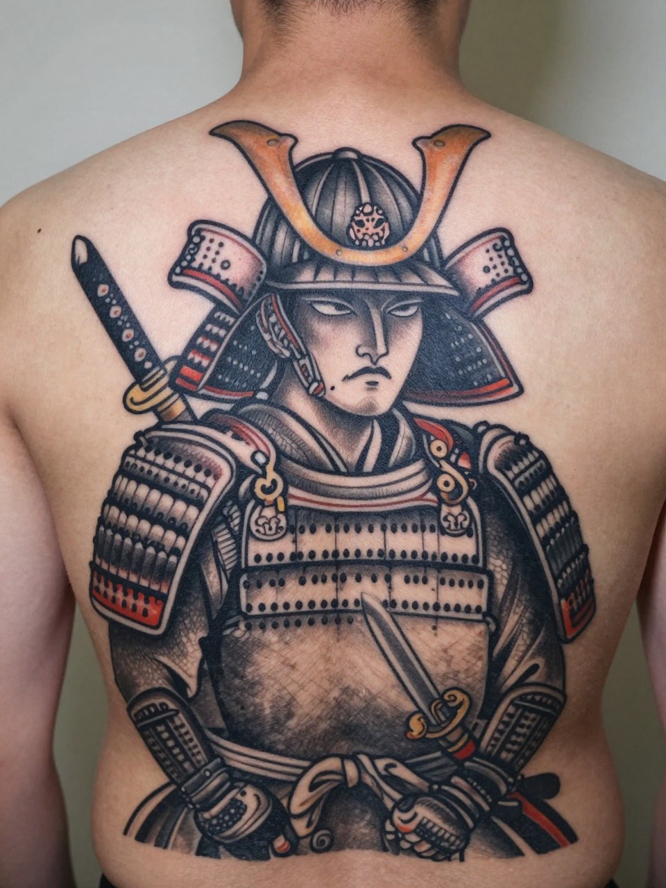 macro shot of a full back Japanese samurai warrior tattoo on a man, detailed armor, helmet crest, sword accents, black and grey ink, bold traditional linework, smooth shading, realistic skin texture, design-first full back composition, soft neutral background (no watermarks on images)