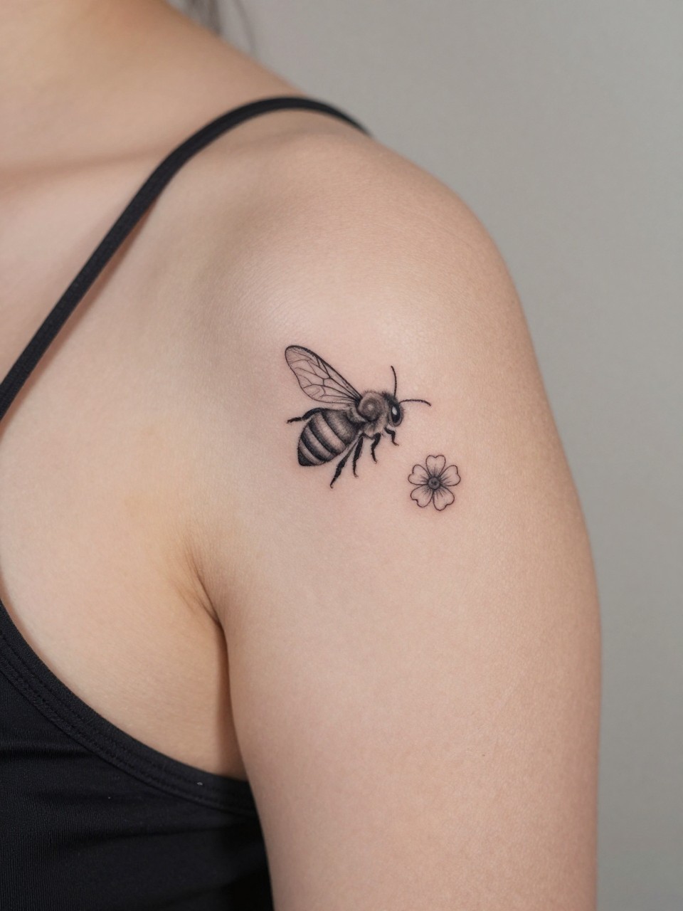 macro shot of a tiny bee and flower tattoo on women's shoulder, black ink, fine line wings, small bloom detail, clean earthy boho hippie design, realistic skin texture, satin strap visible, tight crop, design-first composition, soft neutral background, tattoo inspiration image (no watermarks on images)