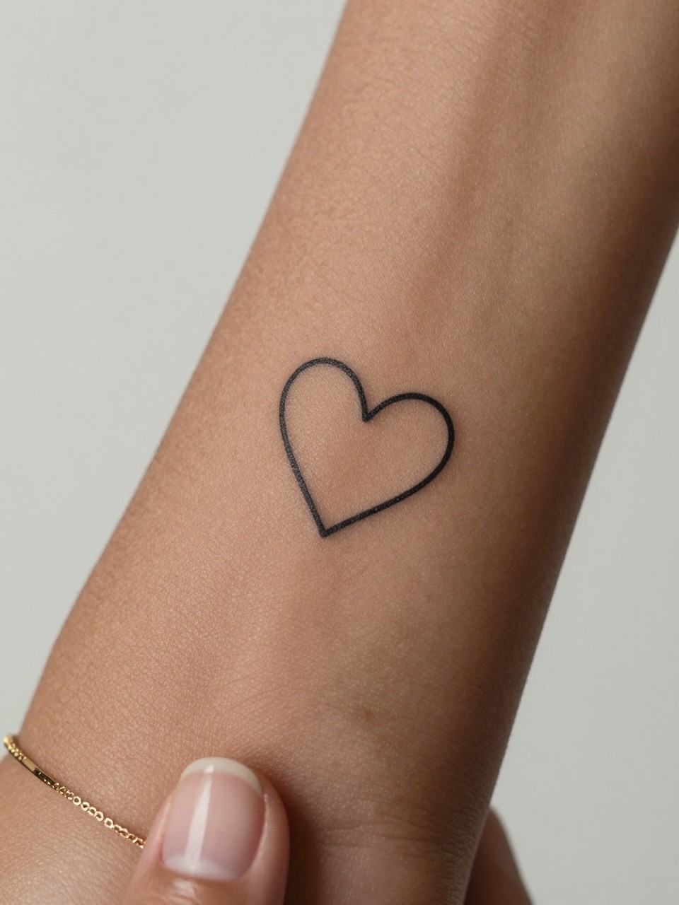 "extreme close-up of a tiny heart outline tattoo on deep brown skin at the inner wrist, clean black ink, crisp fine line, very small minimalist design, realistic skin texture, neat neutral manicure, delicate gold bracelet, design-focused close-up, soft minimal background, modern feminine tattoo inspiration photography (no watermarks on images)"