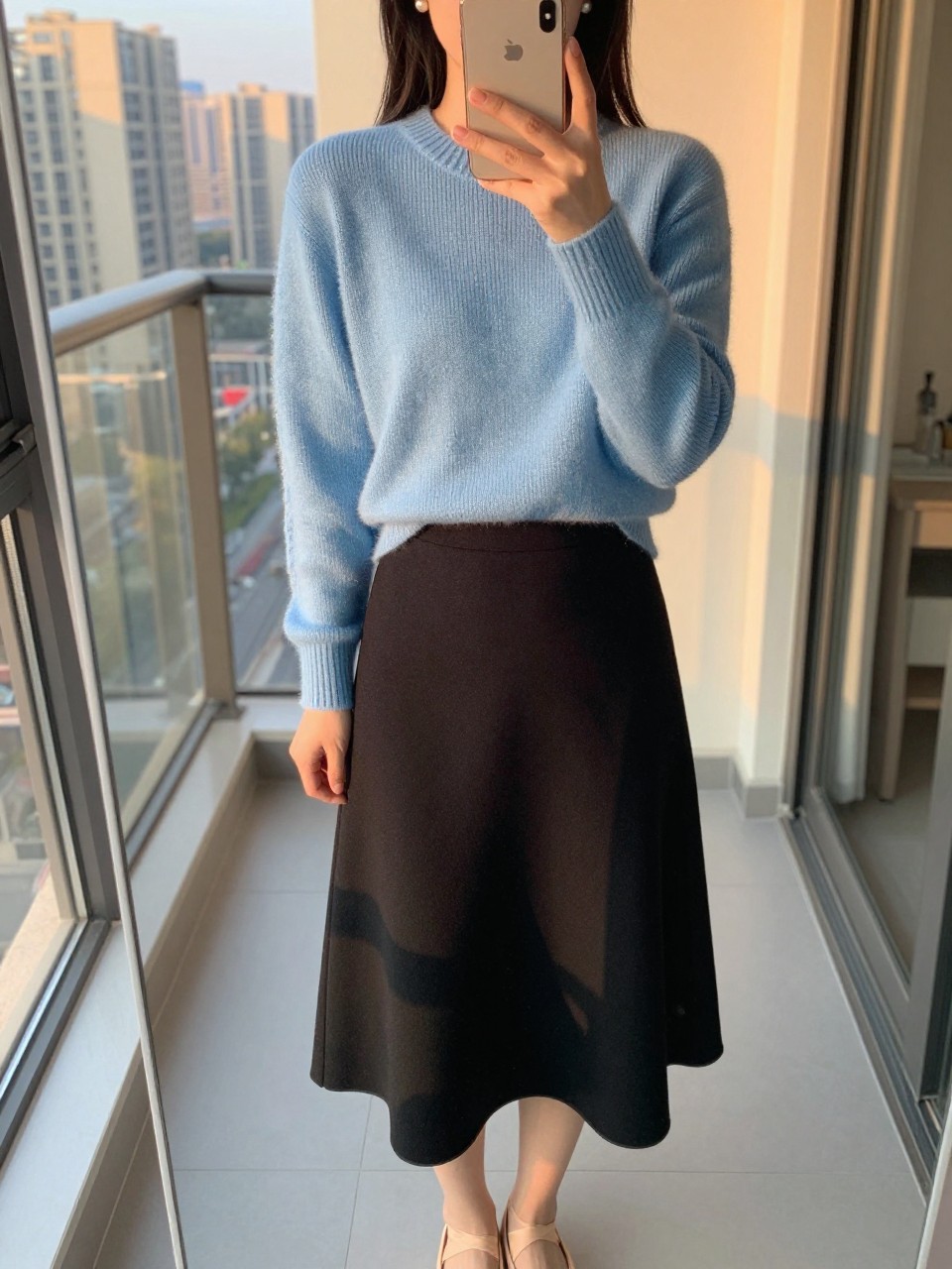 iPhone mirror selfie of a woman in a powder blue cashmere sweater tucked into a black A-line skirt with pearl earrings and ballet flats, standing with weight shifted, cropped at NECK so face doesn't show, in a city apartment, evening golden hour, iPhone photo quality.
