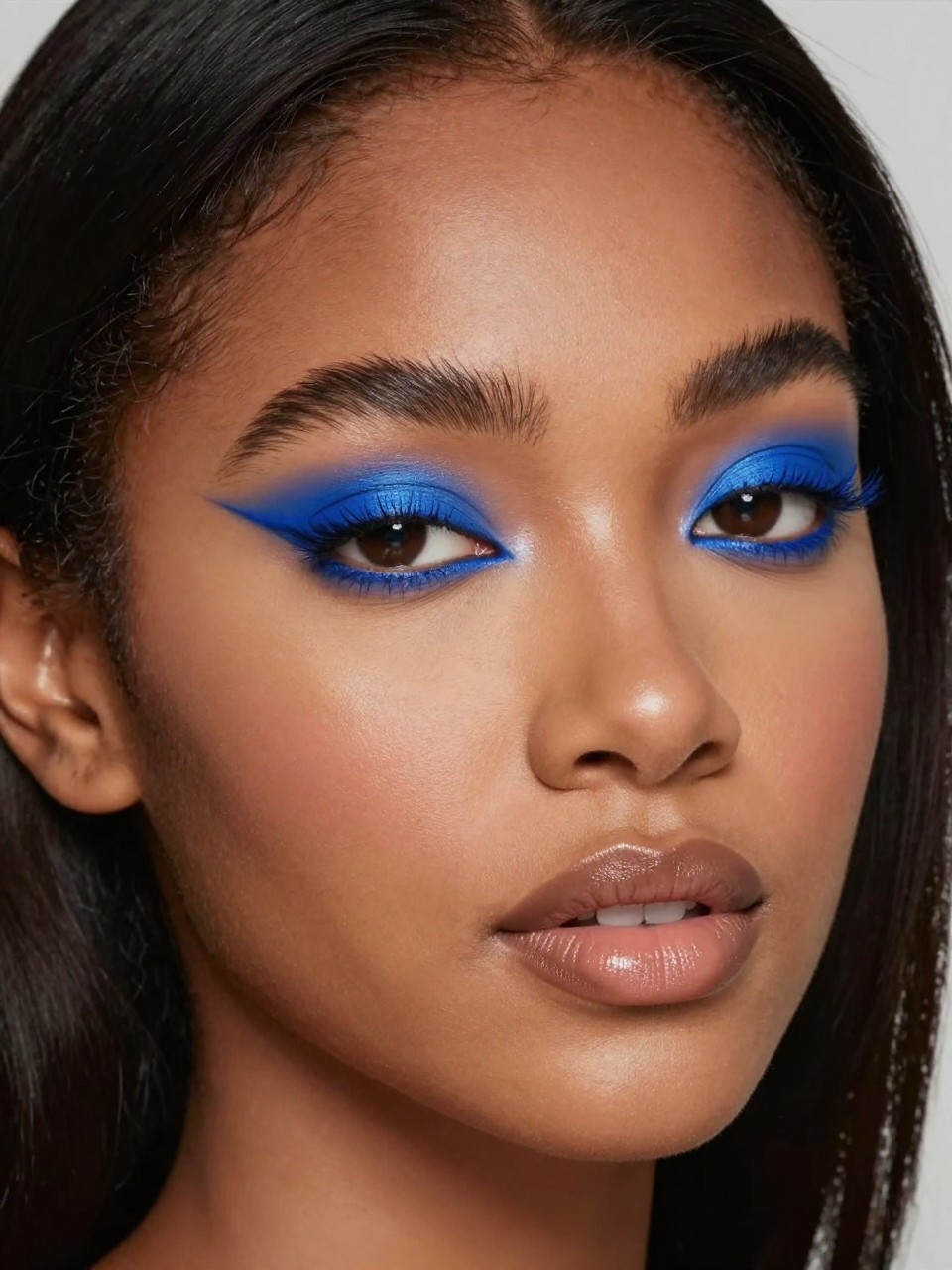 Super realistic close-up beauty portrait of a black woman wearing bold cobalt blue winged liner on clean lids, fresh satin skin, soft neutral blush, sheer nude lips, and neat brows, shot from a three-quarter view, with diffused beauty studio lighting that clearly reveals the makeup texture and color, realistic skin texture, sleek hair framing the face, minimal background, feminine modern beauty photography, latest iPhone photo quality.