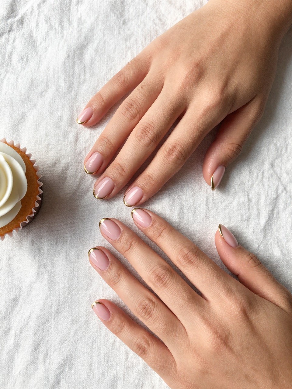 90-degree overhead top-down view of two feminine black hands with oval medium nails.
The manicure features a soft pink base with thin metallic gold French tips along the edges.
Include subtle reflective shine with a glossy gel finish.

Hands are posed one hand placed over the other.

Scene set on a soft linen cloth with a small cupcake nearby.

Bright natural daylight with soft shadows, hyper-realistic lifestyle photography, sharp focus on nails, natural skin texture, realistic hands, no extra fingers.
