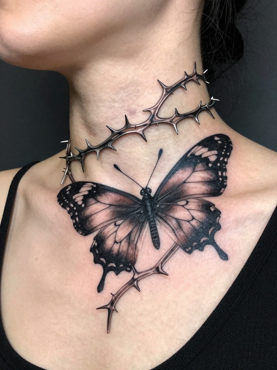 "Angled front/side view: a bold butterfly tattoo caught in a wrap of thick, thorny vines around the neck. The design is dark, organic, and looks both protective and wild."