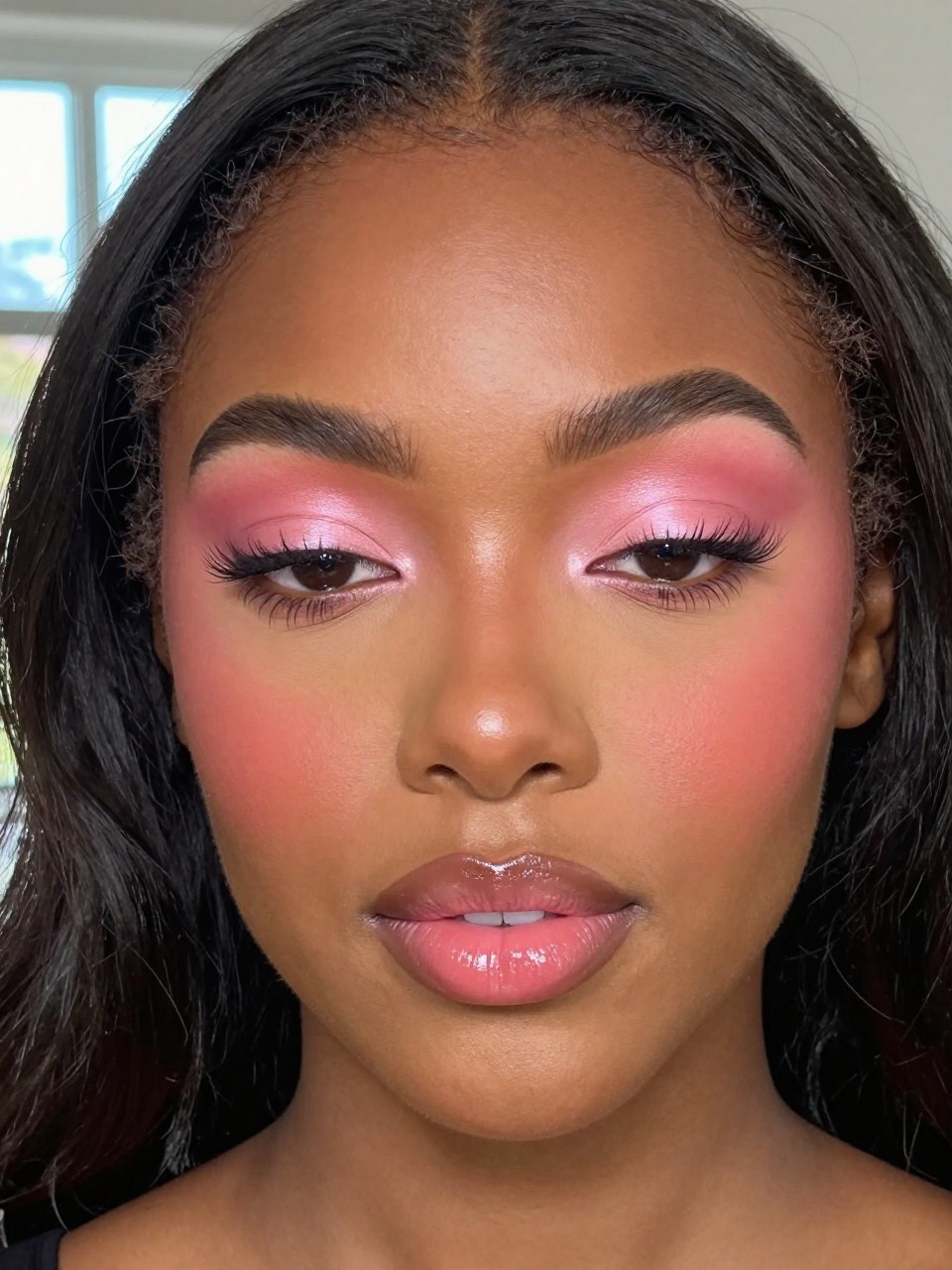 Super realistic close-up beauty portrait of a black woman wearing strawberry pink eyeshadow with soft coral blending, fresh glossy skin, strawberry pink cream blush, clear pink glossy lips, and lifted lashes, shot from a front-facing portrait, with soft natural window light that clearly reveals the makeup texture and color, realistic skin texture, softly styled hair, minimal background, feminine modern beauty photography, latest iPhone photo quality.