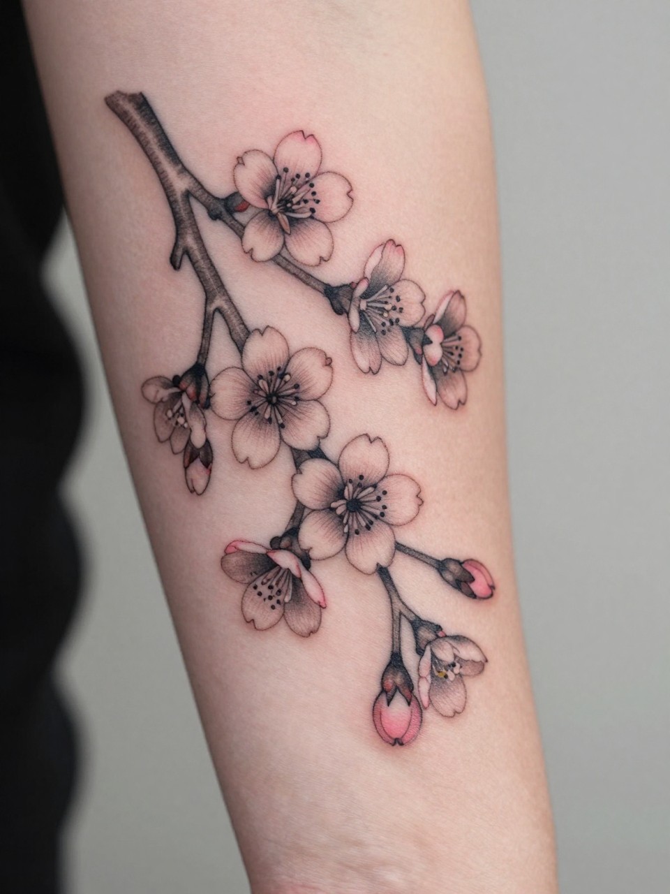 extreme close-up of a Japanese cherry blossom branch tattoo on the forearm, delicate blossoms along a curved branch, black and grey ink with soft pink accents, fine traditional linework, soft shading, realistic skin texture, design-focused close-up, soft neutral background, modern tattoo inspiration photography (no watermarks on images)
