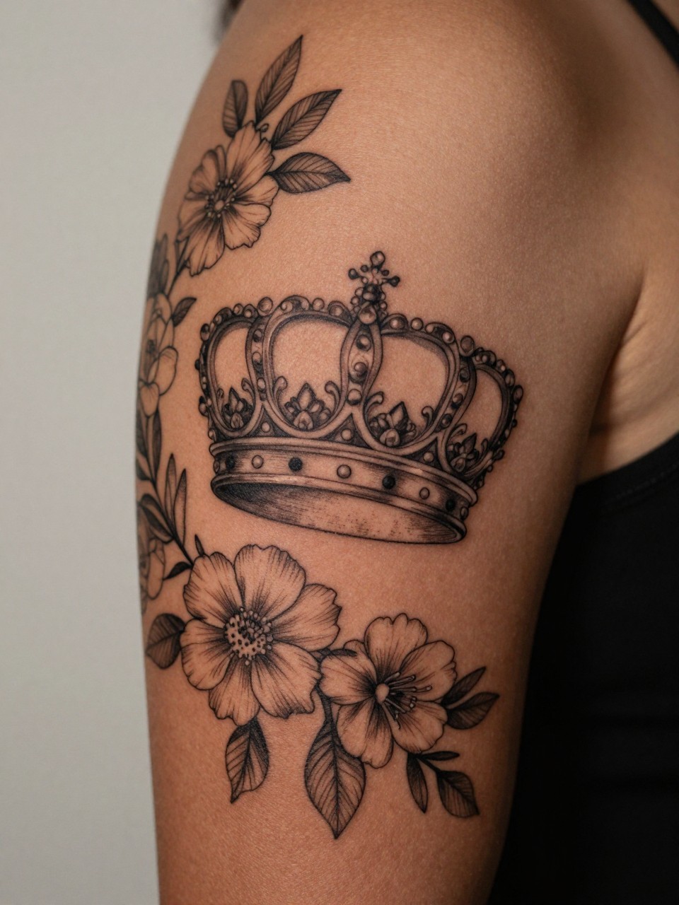 extreme close-up of a crown and floral sleeve tattoo on rich brown skin, ornate crown surrounded by blooming flowers and leaves across the arm, black ink with soft shading, elegant fine line detail, realistic skin texture, gold bracelet visible, minimal neutral background, design-focused feminine tattoo inspiration image (no watermarks on images)