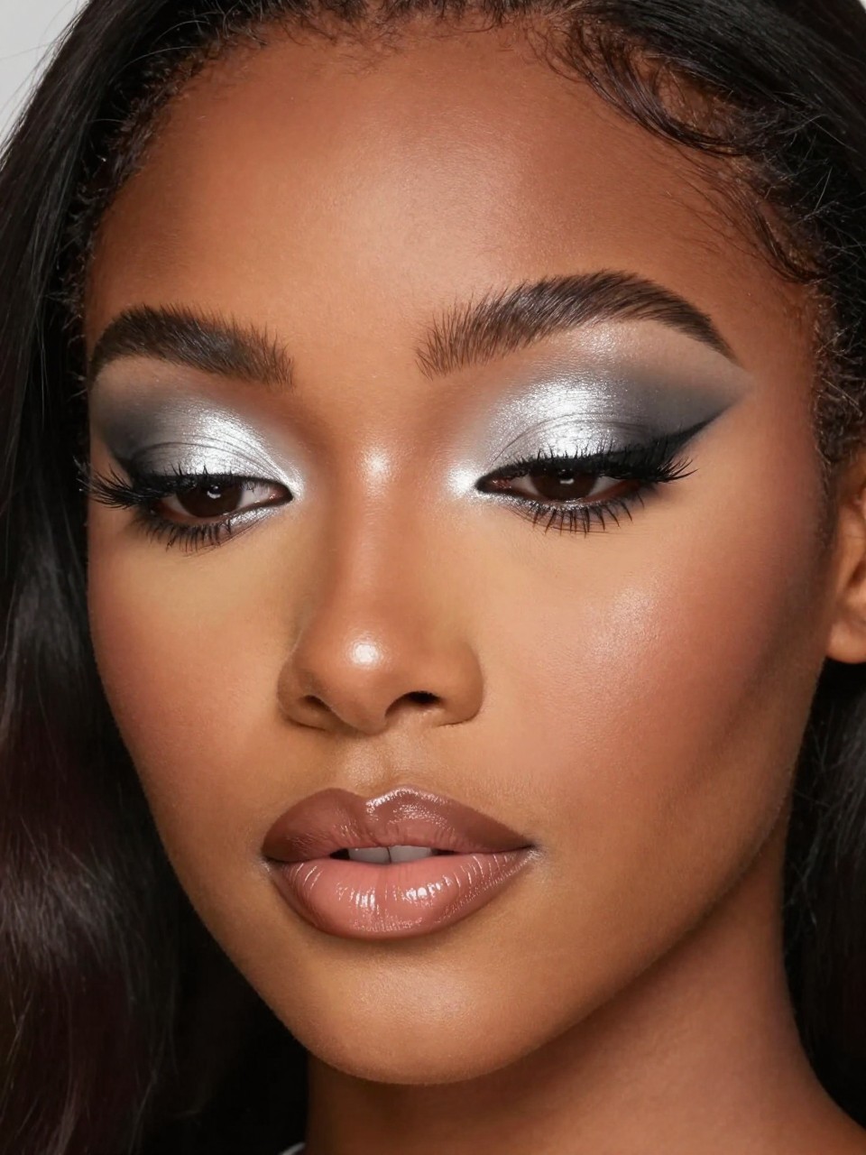 Super realistic close-up beauty portrait of a black woman wearing bright silver shimmer eyeshadow, black waterline liner, softly contoured satin skin, rosy nude lips, and defined lashes, shot from a close-up eye-focused portrait, with soft vanity lighting that clearly reveals the makeup texture and color, realistic skin texture, softly styled hair, minimal background, feminine modern beauty photography, latest iPhone photo quality.