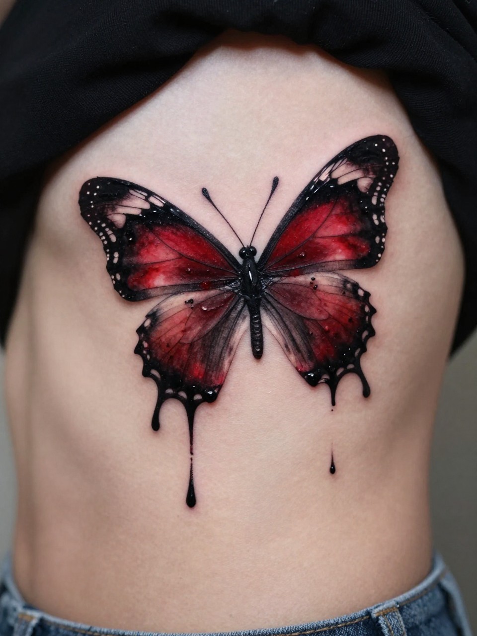  "Close-up of a rib tattoo: a butterfly with deep crimson and black rose-petal wings, with 'drips' of black ink falling from the tips. Rich, dark, and velvety texture focus."