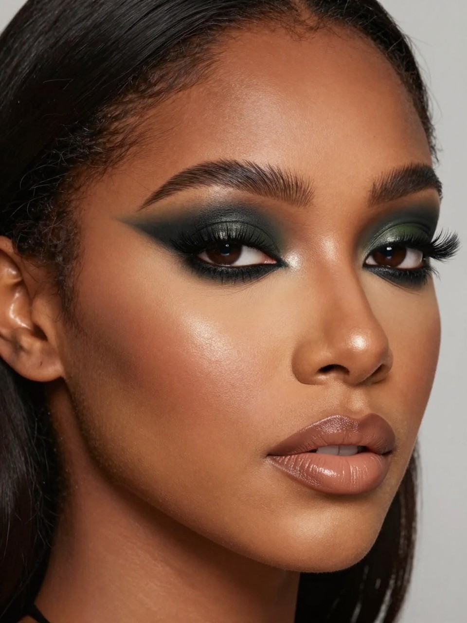 Super realistic close-up beauty portrait of a black woman wearing blackened olive pirate eye makeup with mossy smoky blending, dark brown-black liner, warm bronzed skin, warm nude satin lips, and thick lashes, shot from a three-quarter view, with diffused beauty studio lighting that clearly reveals the makeup texture and color, realistic skin texture, softly styled hair, minimal background, feminine modern beauty photography, latest iPhone photo quality.