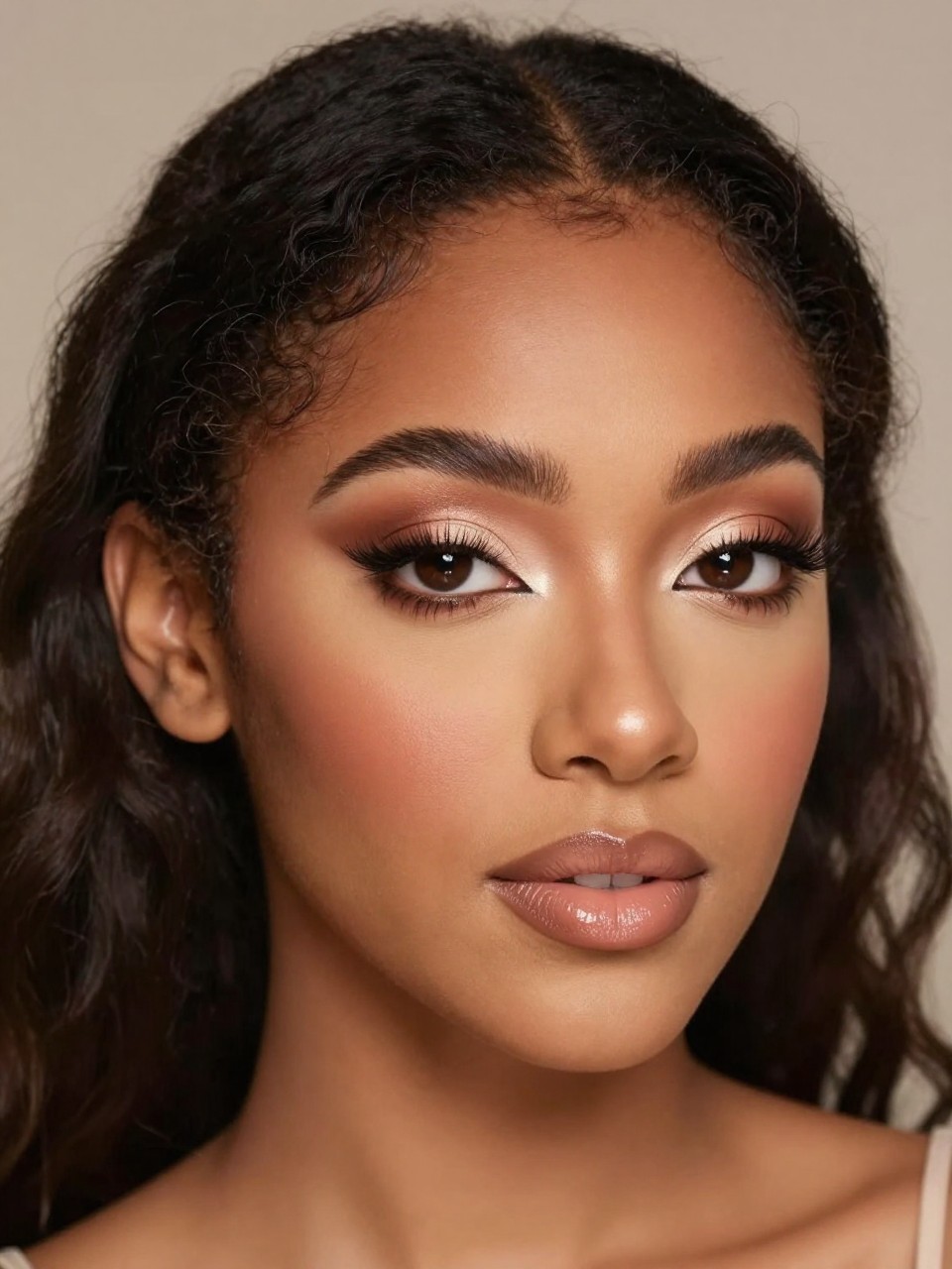 Super realistic close-up beauty portrait of a black young woman with brown eyes wearing cute prom makeup, featuring a warm cinnamon-brown cut crease with softly carved cream lid, gentle cocoa outer-corner depth, deep cocoa lash-line definition, soft wispy flare lashes, nude beige-pink glossy lips, subtle warm blush, polished brows, realistic skin texture with a smooth satin finish, shot from a three-quarter beauty angle, with refined studio lighting that clearly reveals the cut-crease detail, lash shape, and lip gloss, sleek soft curls, blurred elegant warm-neutral background, feminine modern beauty photography, latest iPhone photo quality.